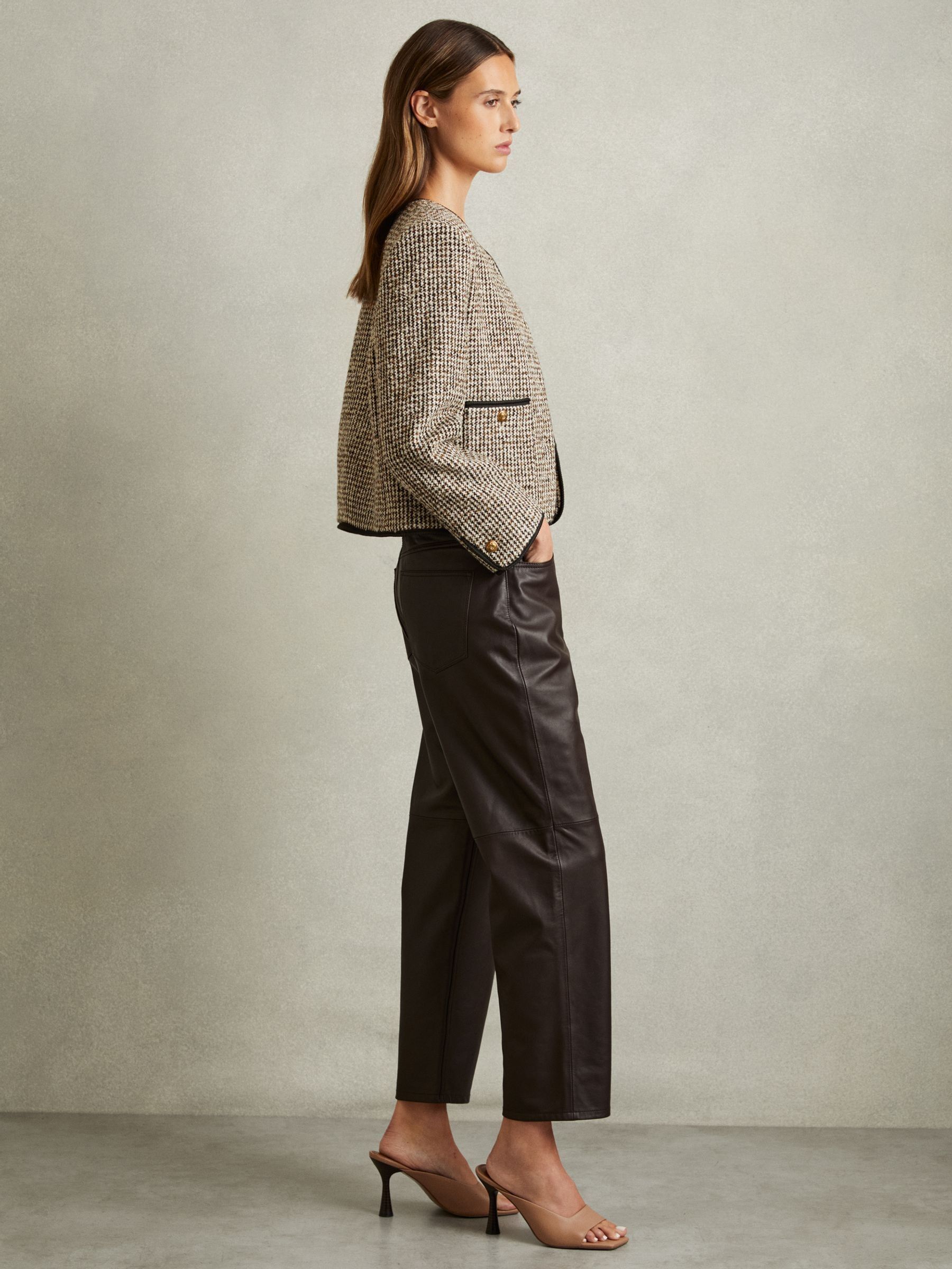 Cropped Wool Blend Tweed Jacket in Brown - Image 3 of 6
