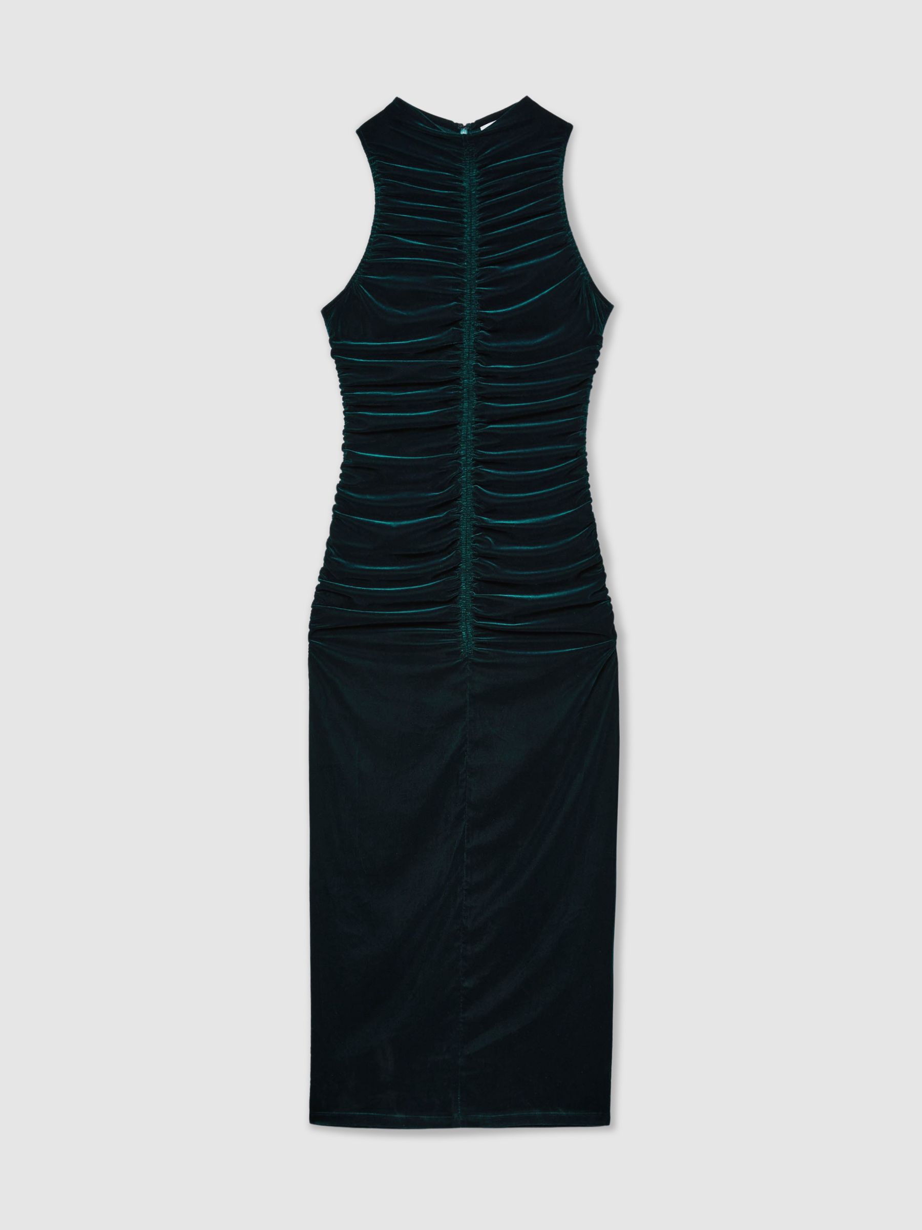 Racer-Front Ruched-Velvet Dress in Teal - Image 2 of 6