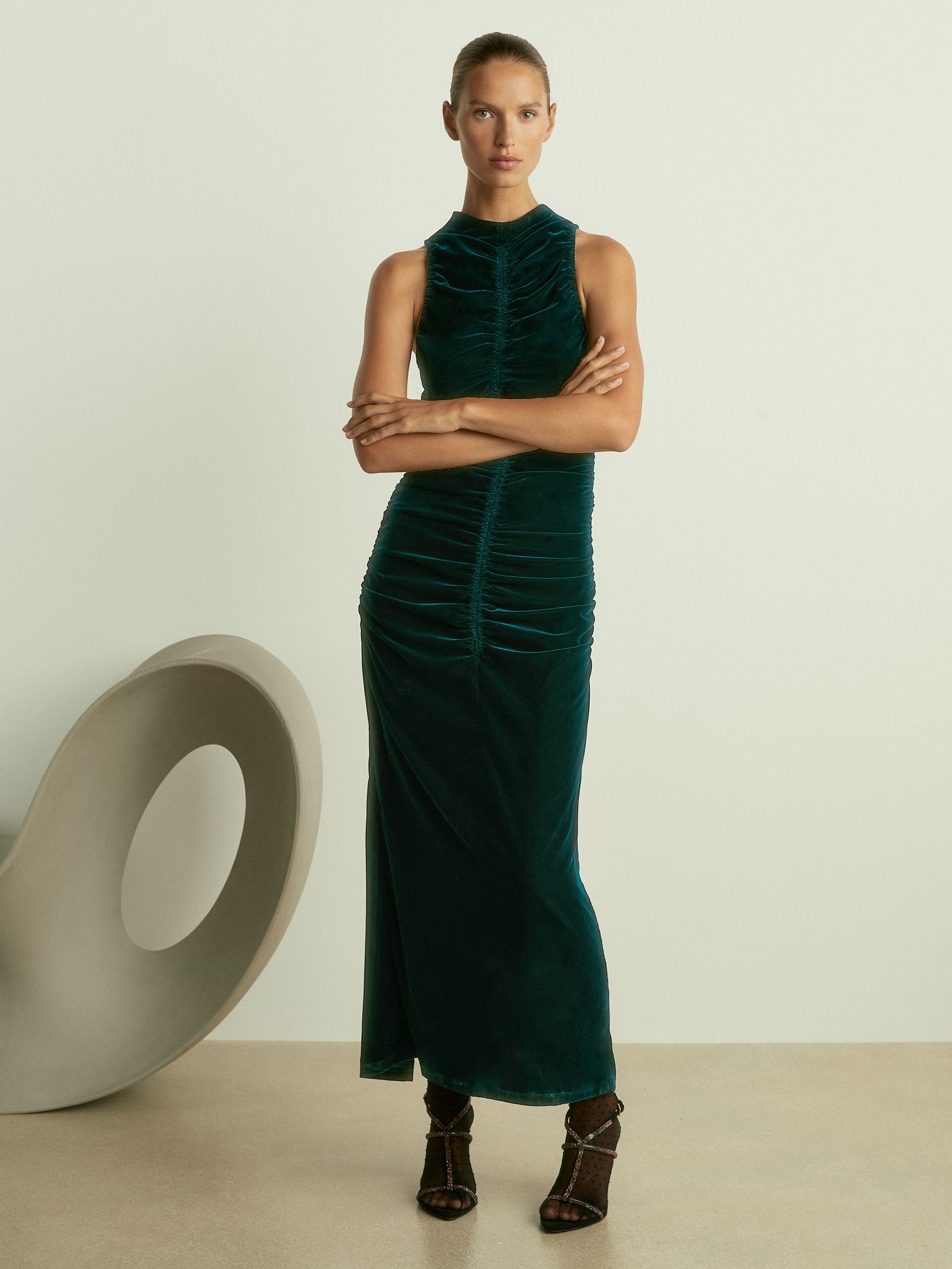 Racer-Front Ruched-Velvet Dress in Teal - Image 3 of 6