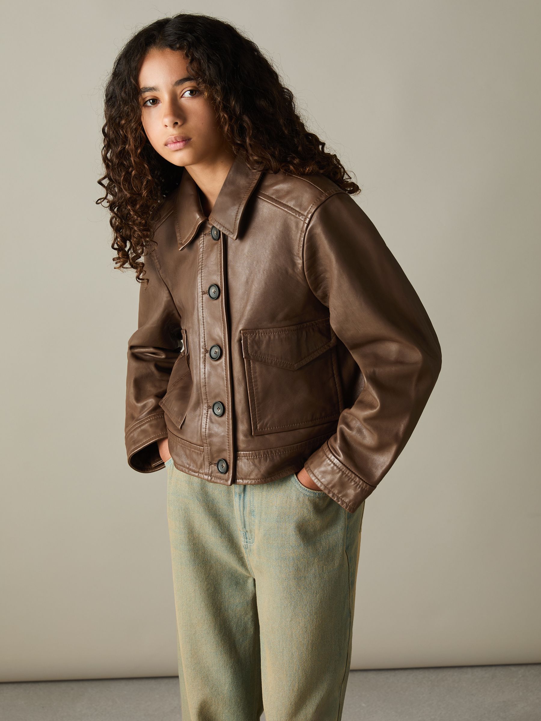 9-13 yrs Leather Patch-Pocket Jacket in Brown - Image 3 of 4