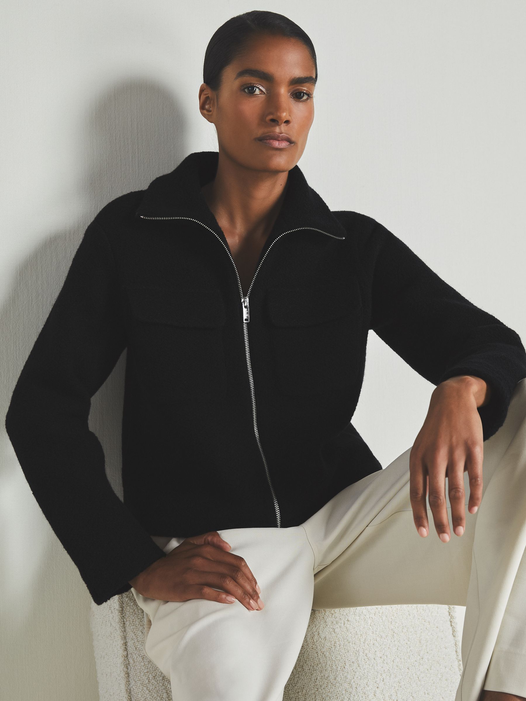 Reiss | Les 100 Ciels Textured Wool Jacket in Black - Image 1 of 6 Reiss | Les 100 Ciels Textured Wool Jacket in Black - Image 1 of 6
