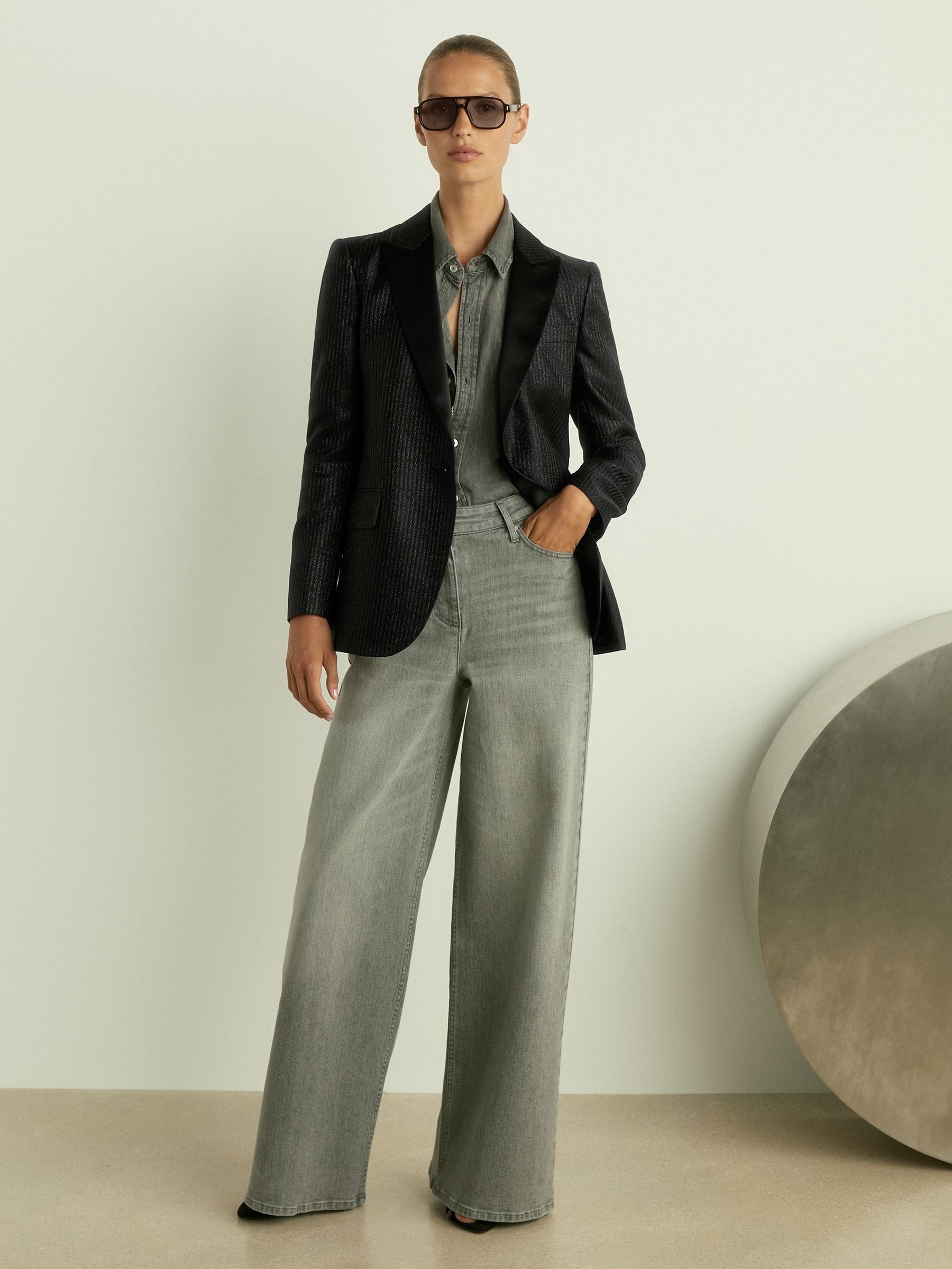 Single-Breasted Lamé-Stripe Tuxedo Jacket in Black - Image 1 of 8