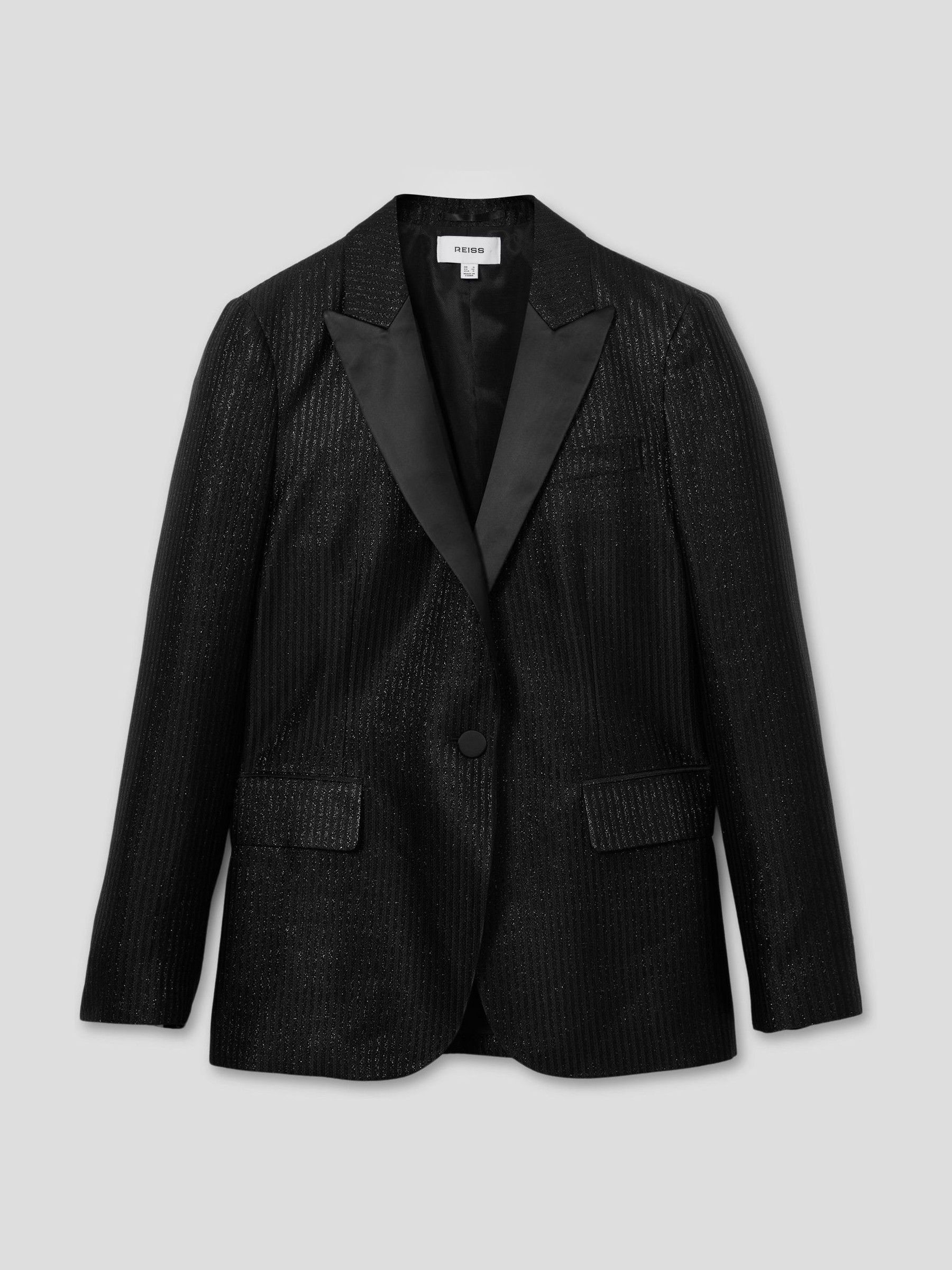 Single-Breasted Lamé-Stripe Tuxedo Jacket in Black - Image 2 of 8