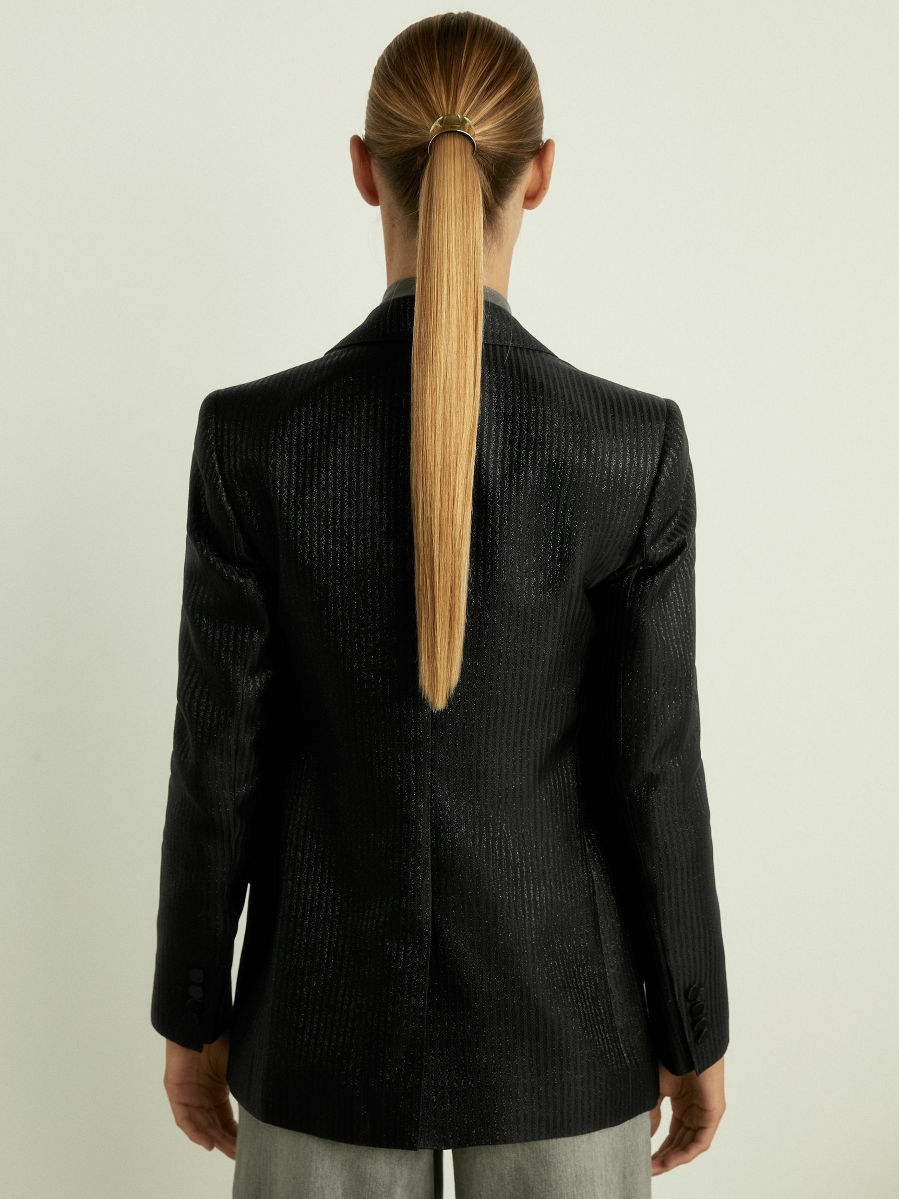 Single-Breasted Lamé-Stripe Tuxedo Jacket in Black - Image 5 of 8