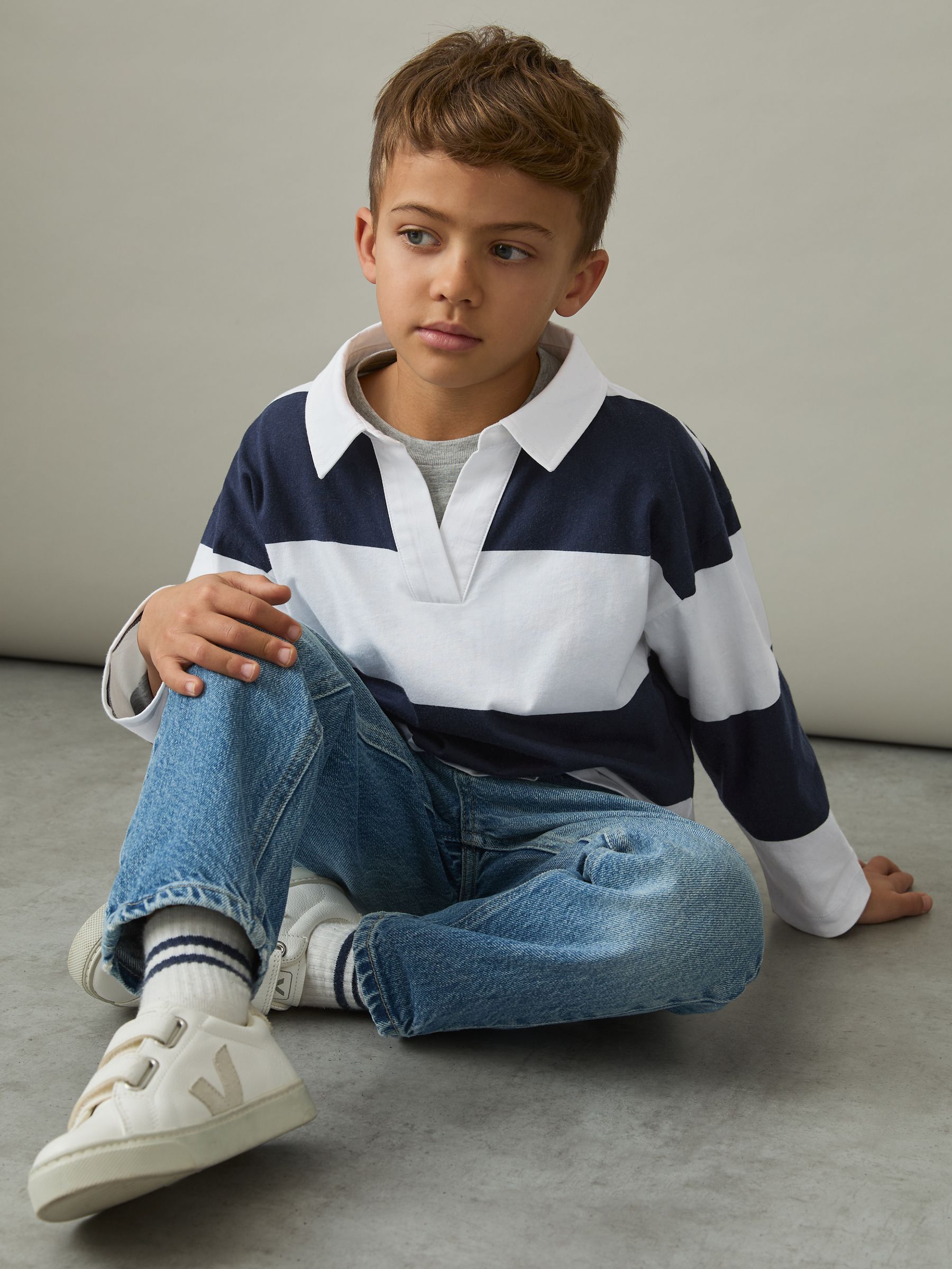 4-9 yrs Oversized Cotton Striped Open-Collar Rugby Top in Navy - Image 3 of 5