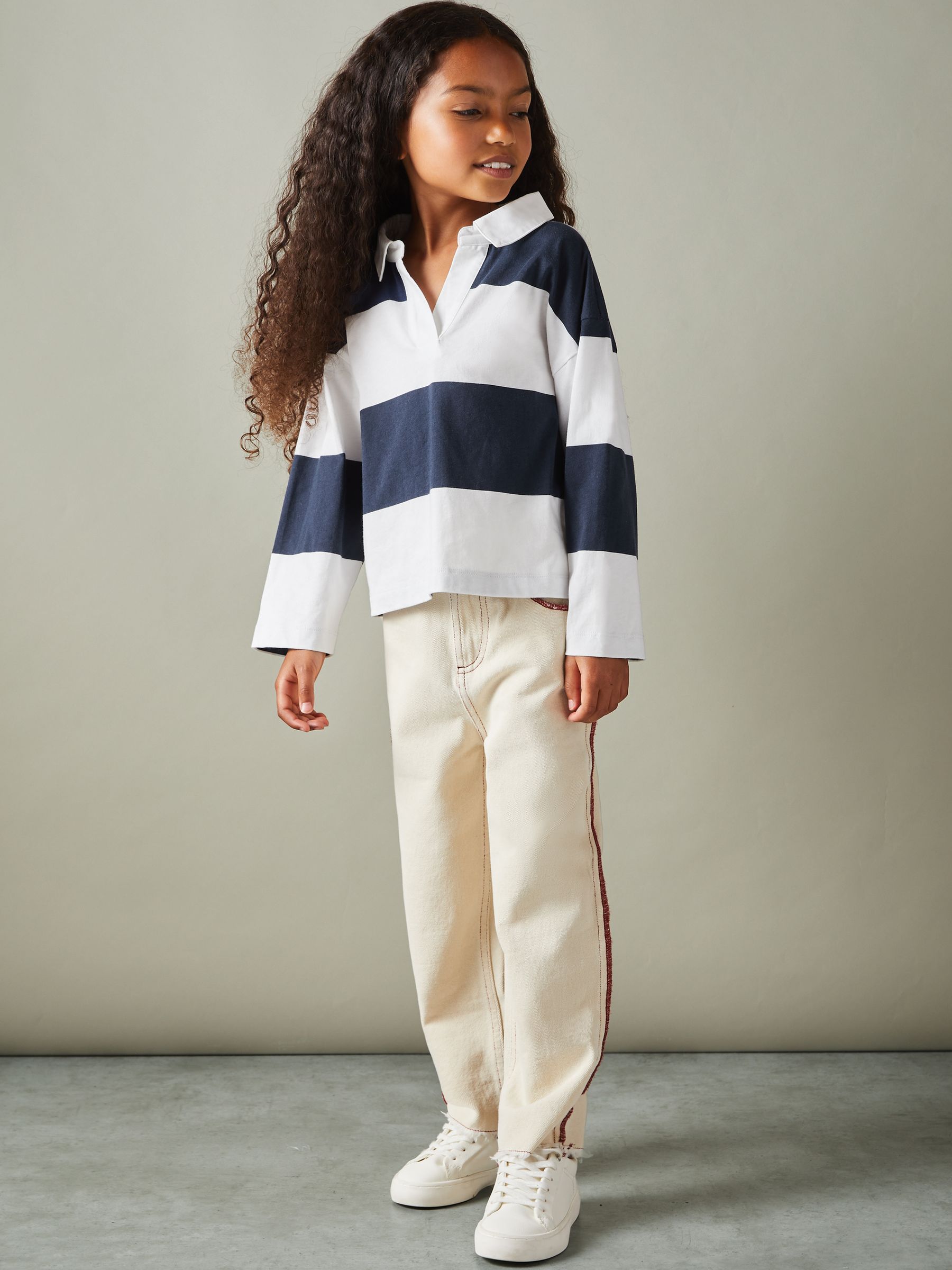 4-9 yrs Oversized Cotton Striped Open-Collar Rugby Top in Navy - Image 4 of 5