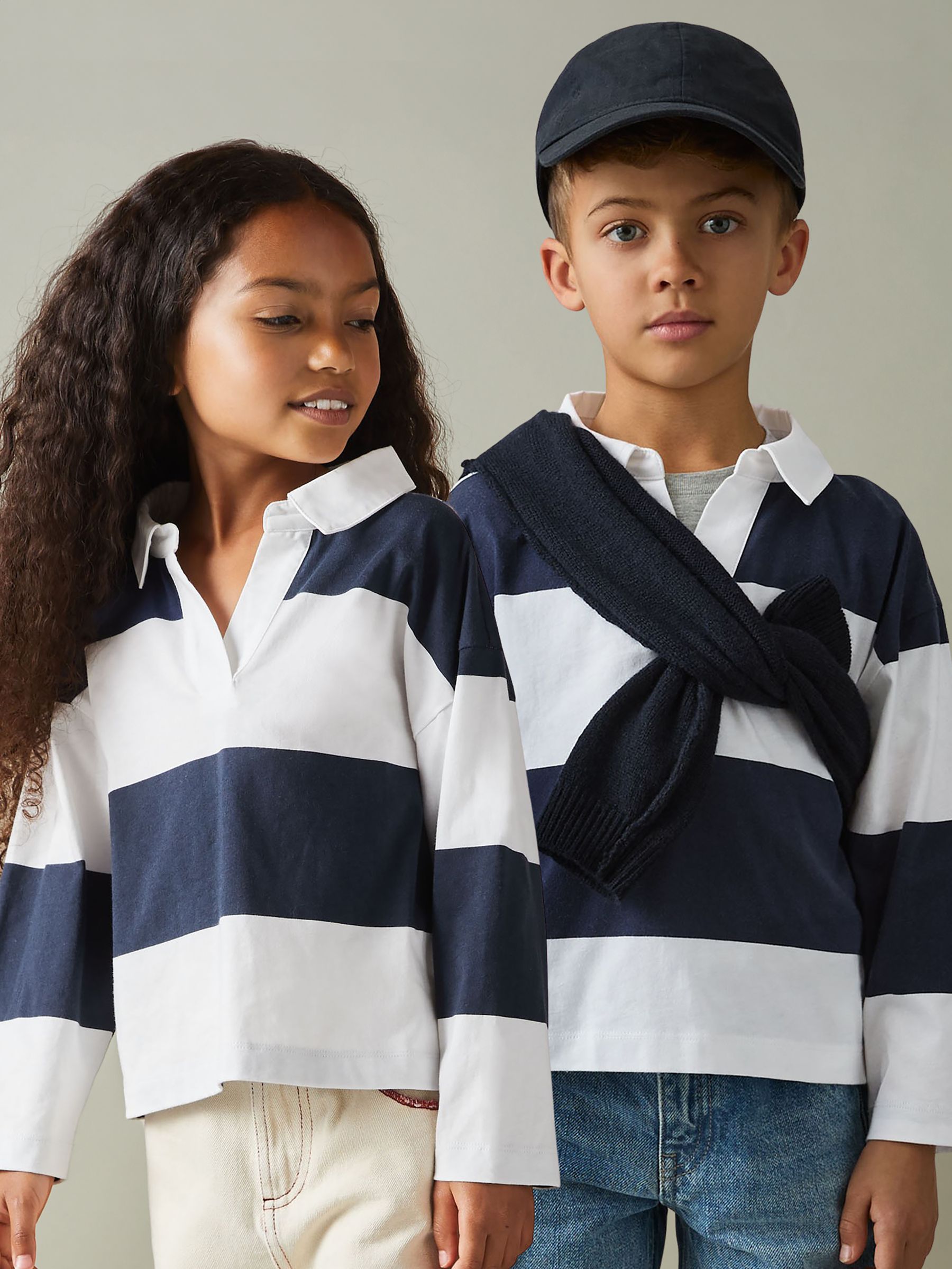 9-13 yrs Oversized Cotton Striped Open-Collar Rugby Top in Navy - Image 1 of 5 9-13 yrs Oversized Cotton Striped Open-Collar Rugby Top in Navy - Image 1 of 5