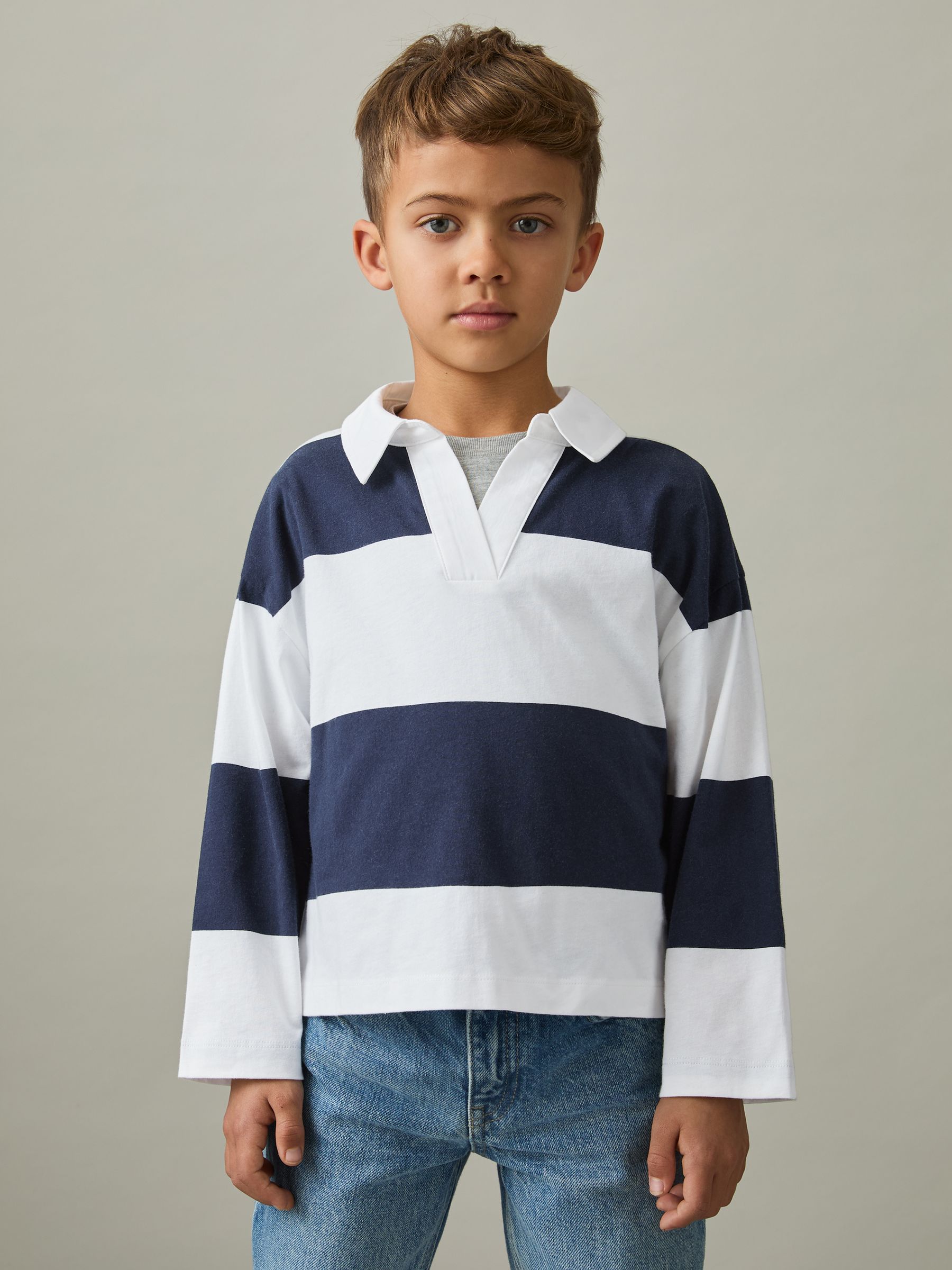 9-13 yrs Oversized Cotton Striped Open-Collar Rugby Top in Navy - Image 3 of 5