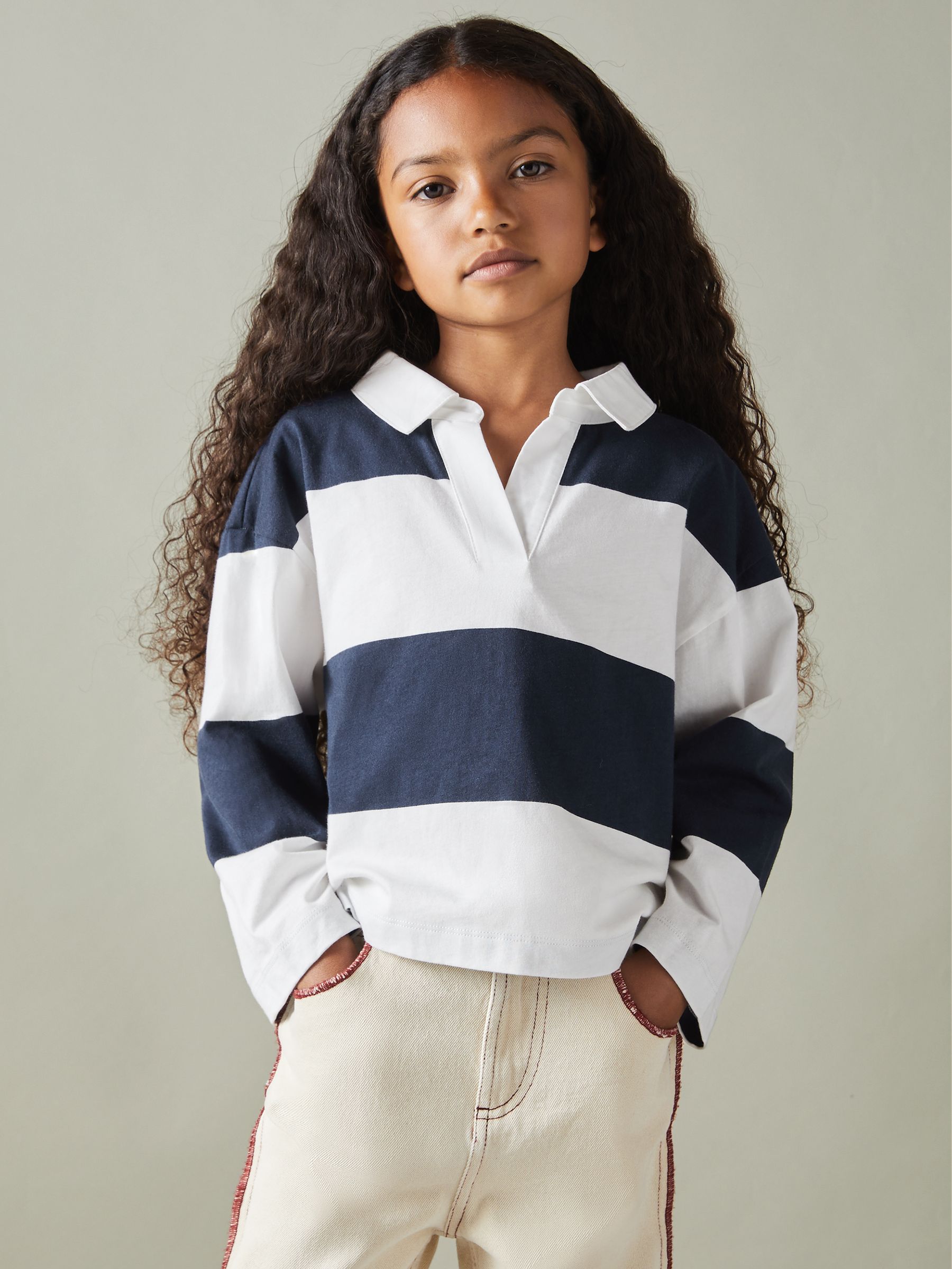 9-13 yrs Oversized Cotton Striped Open-Collar Rugby Top in Navy - Image 4 of 5