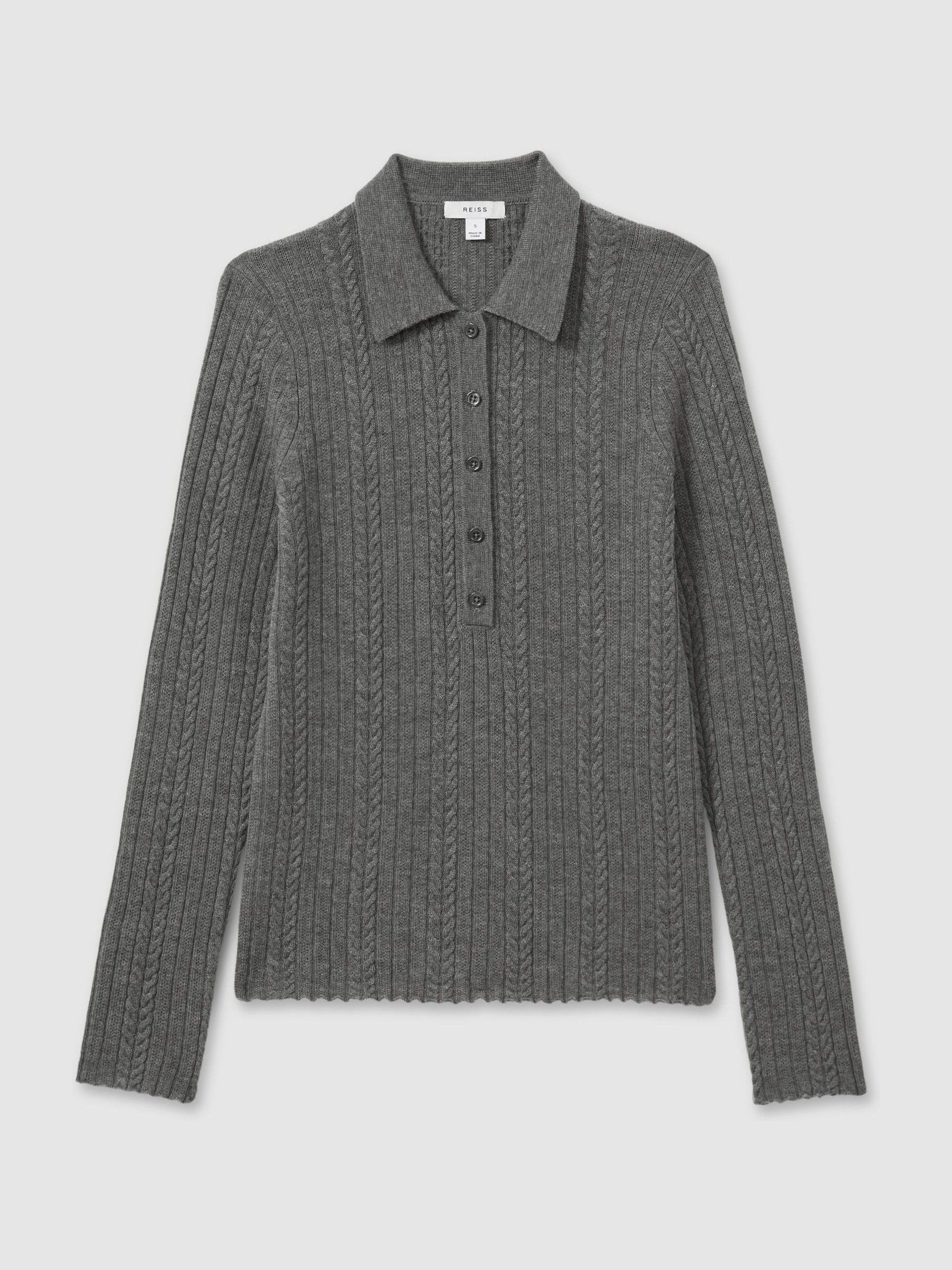Wool Cable Knit Polo Neck Jumper in Charcoal - Image 2 of 6