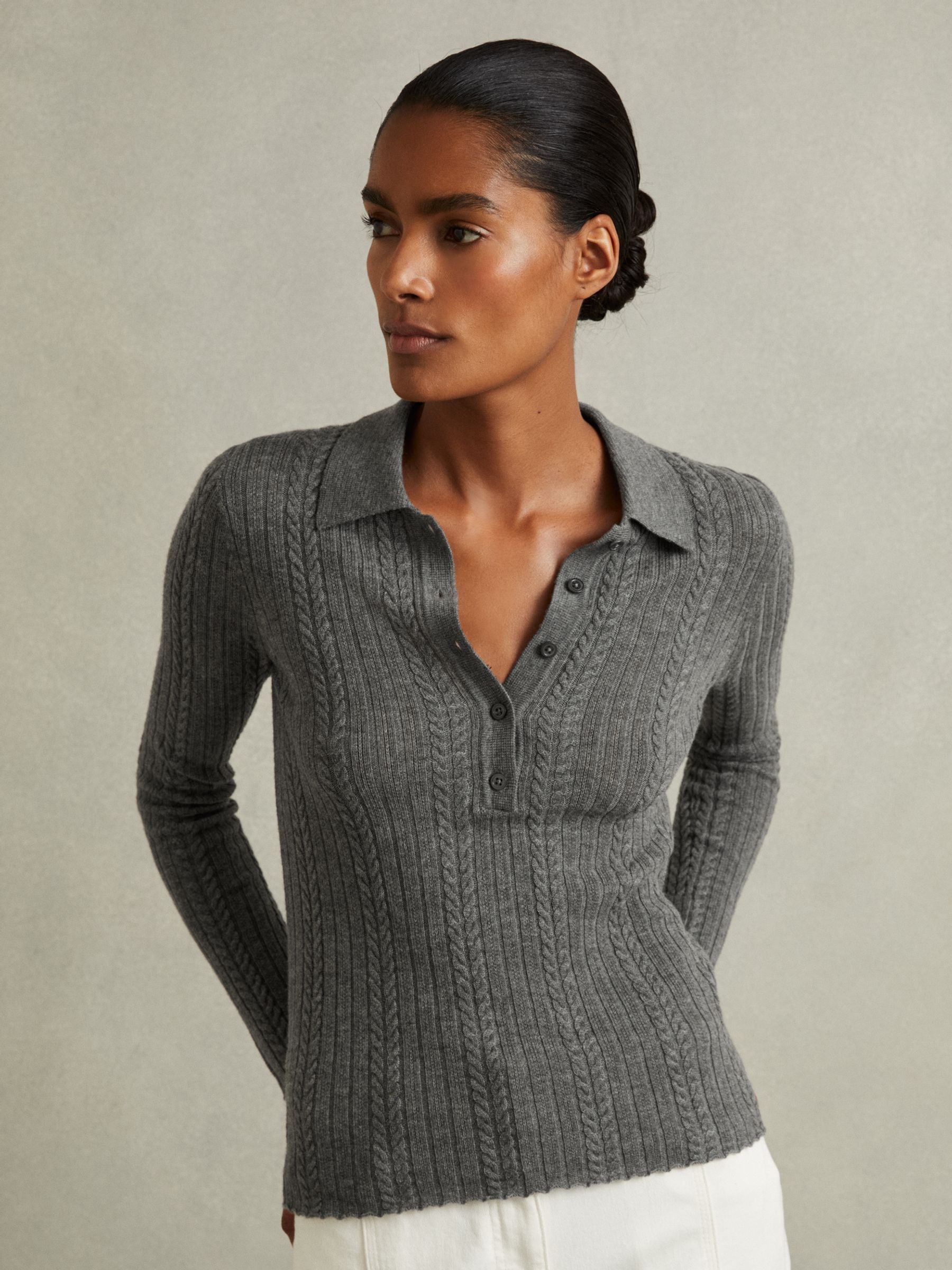 Wool Cable Knit Polo Neck Jumper in Charcoal - Image 3 of 6
