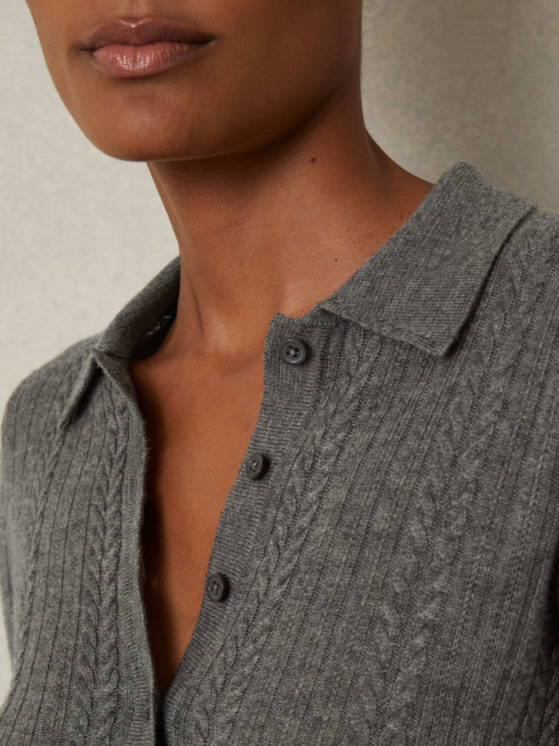 Wool Cable Knit Polo Neck Jumper in Charcoal - Image 4 of 6
