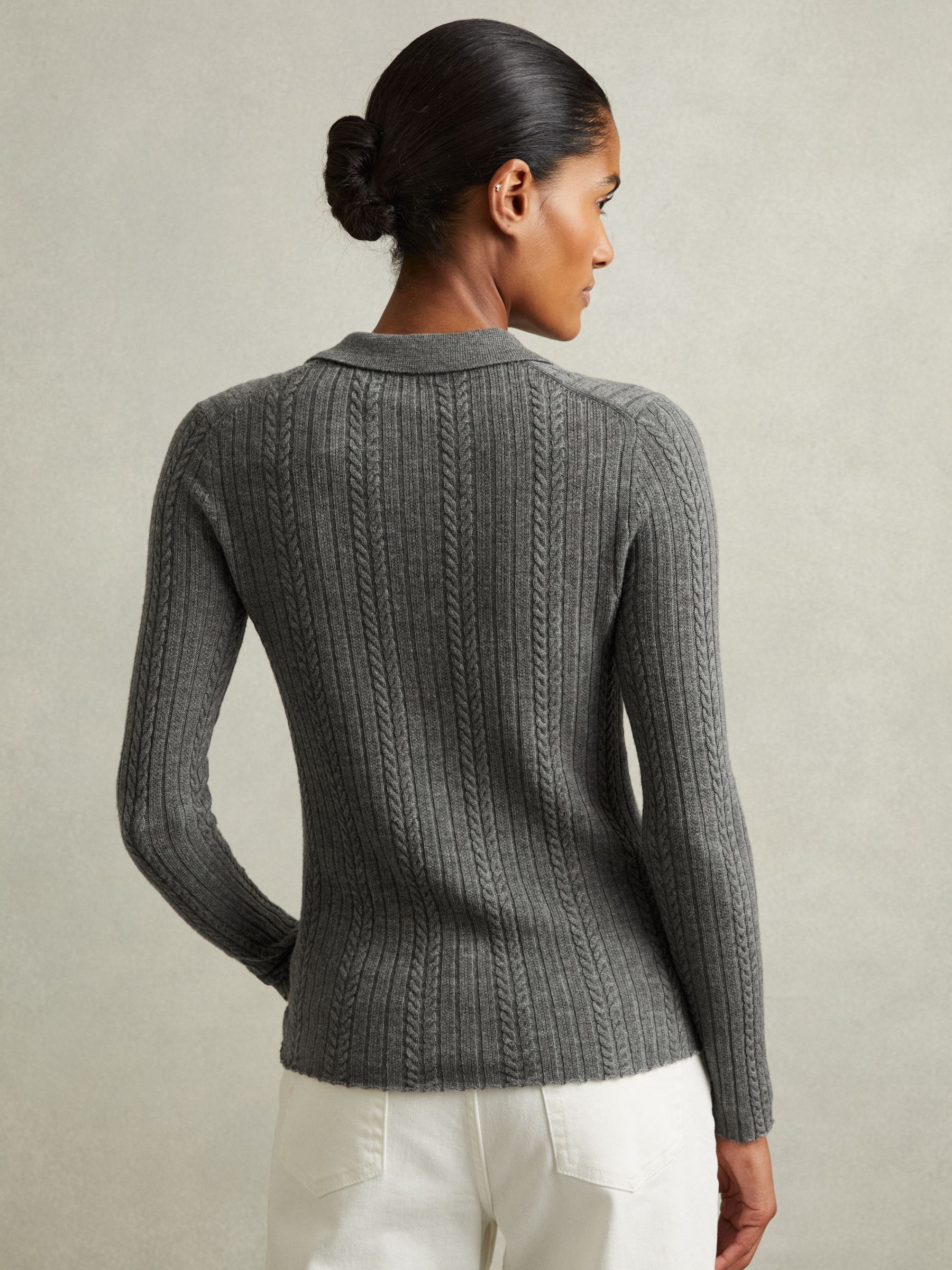 Wool Cable Knit Polo Neck Jumper in Charcoal - Image 5 of 6