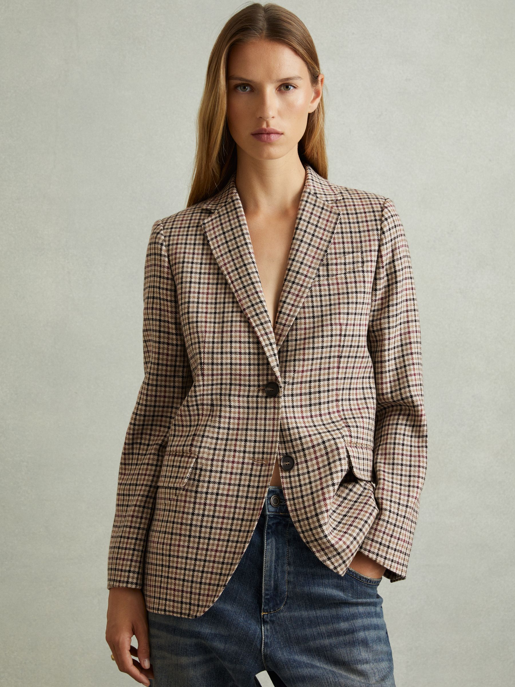 Wool Blend Checked Single Breasted Blazer in Natural Check - Image 1 of 6
