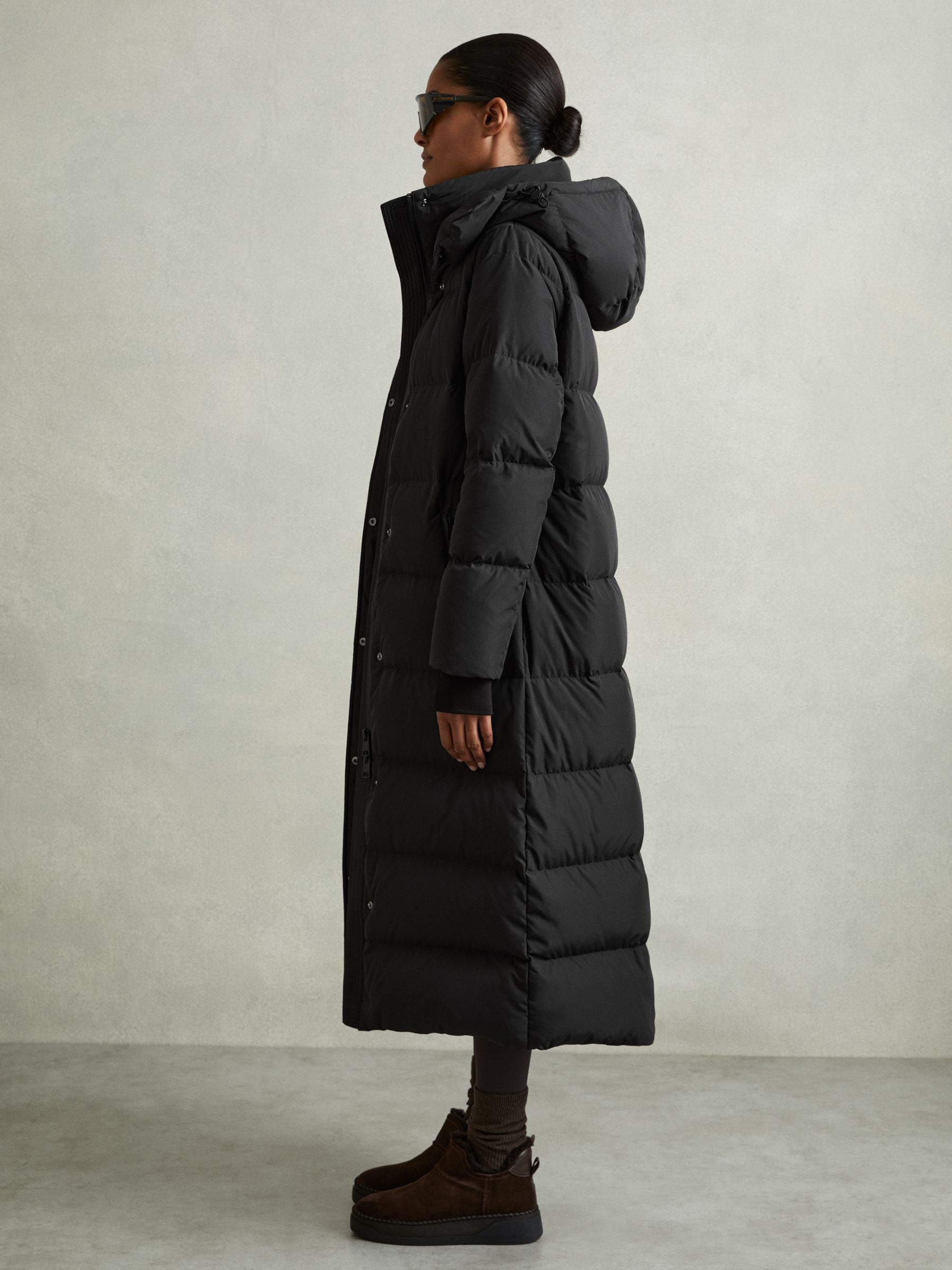 Black Quilted Down Coats Ladies Reiss Petite Longline Hooded