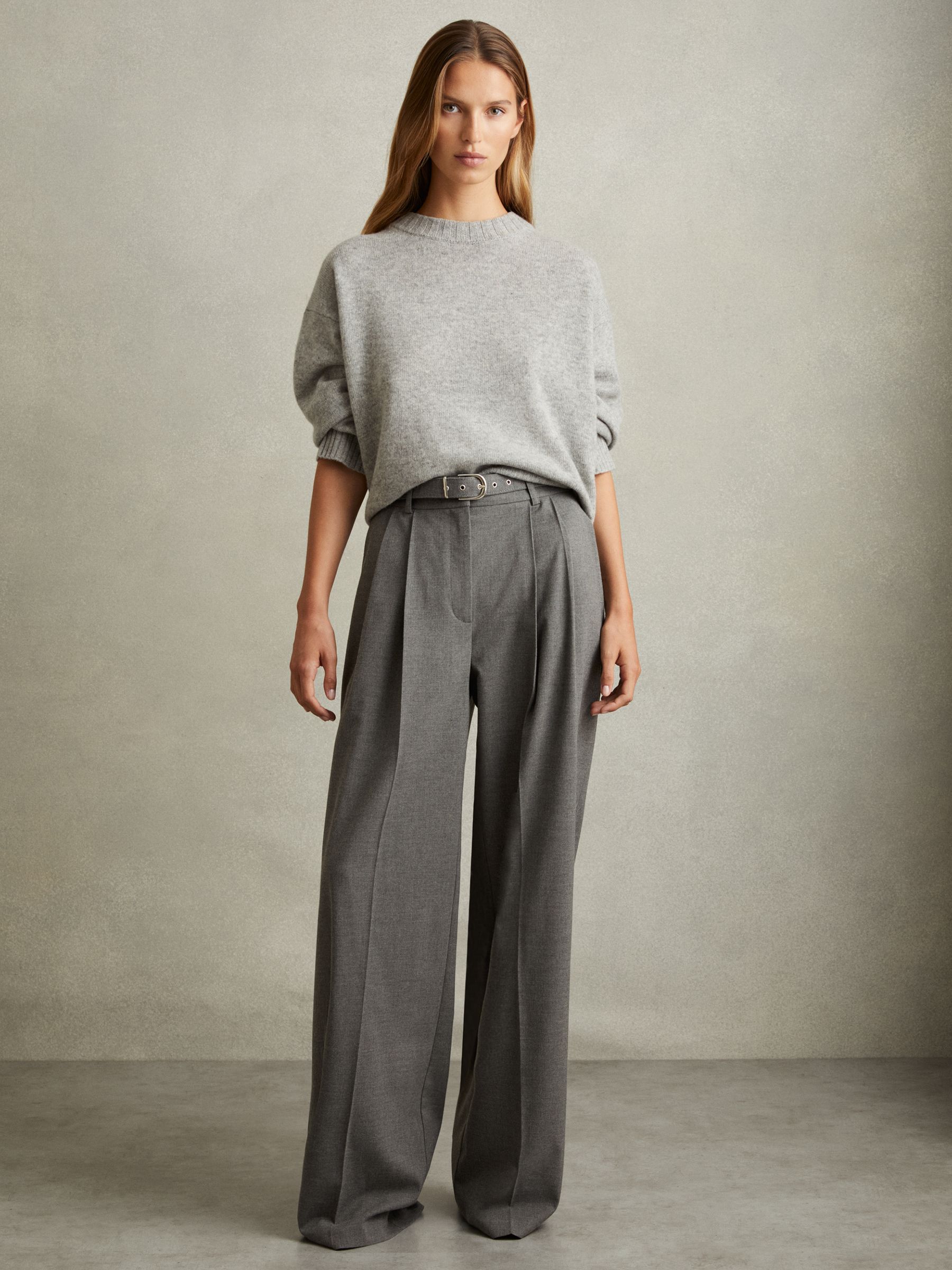 Belted Wide Leg Trousers in Grey - Image 1 of 5