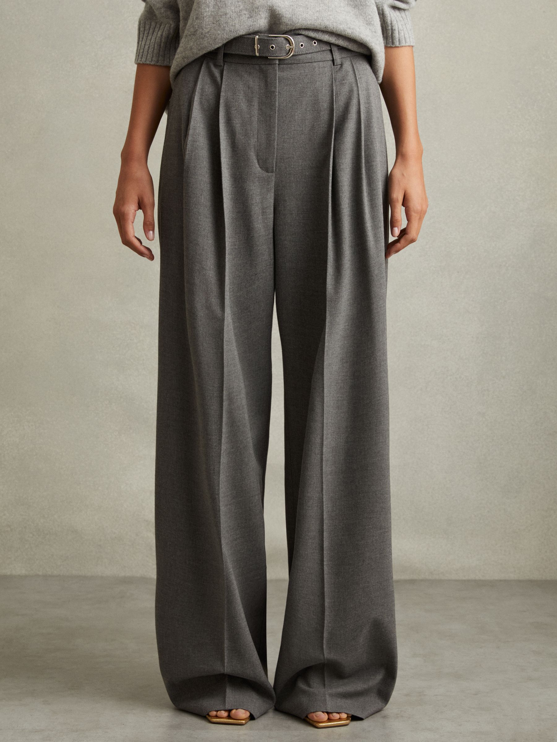 Reiss Belted Wide Leg Trousers in Grey | REISS