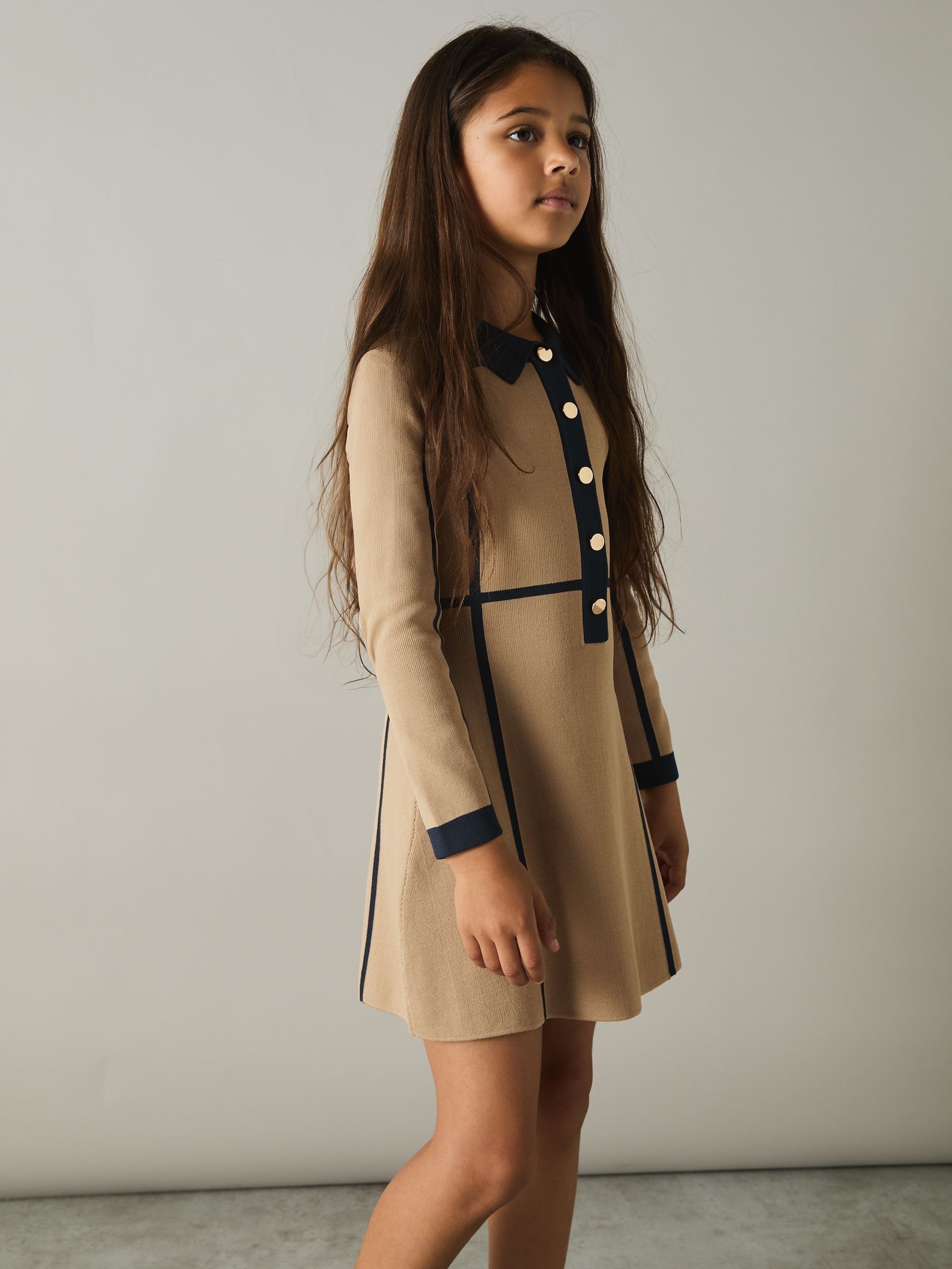 13-14 yrs Panel-Intarsia Jersey Dress in Camel - Image 2 of 4