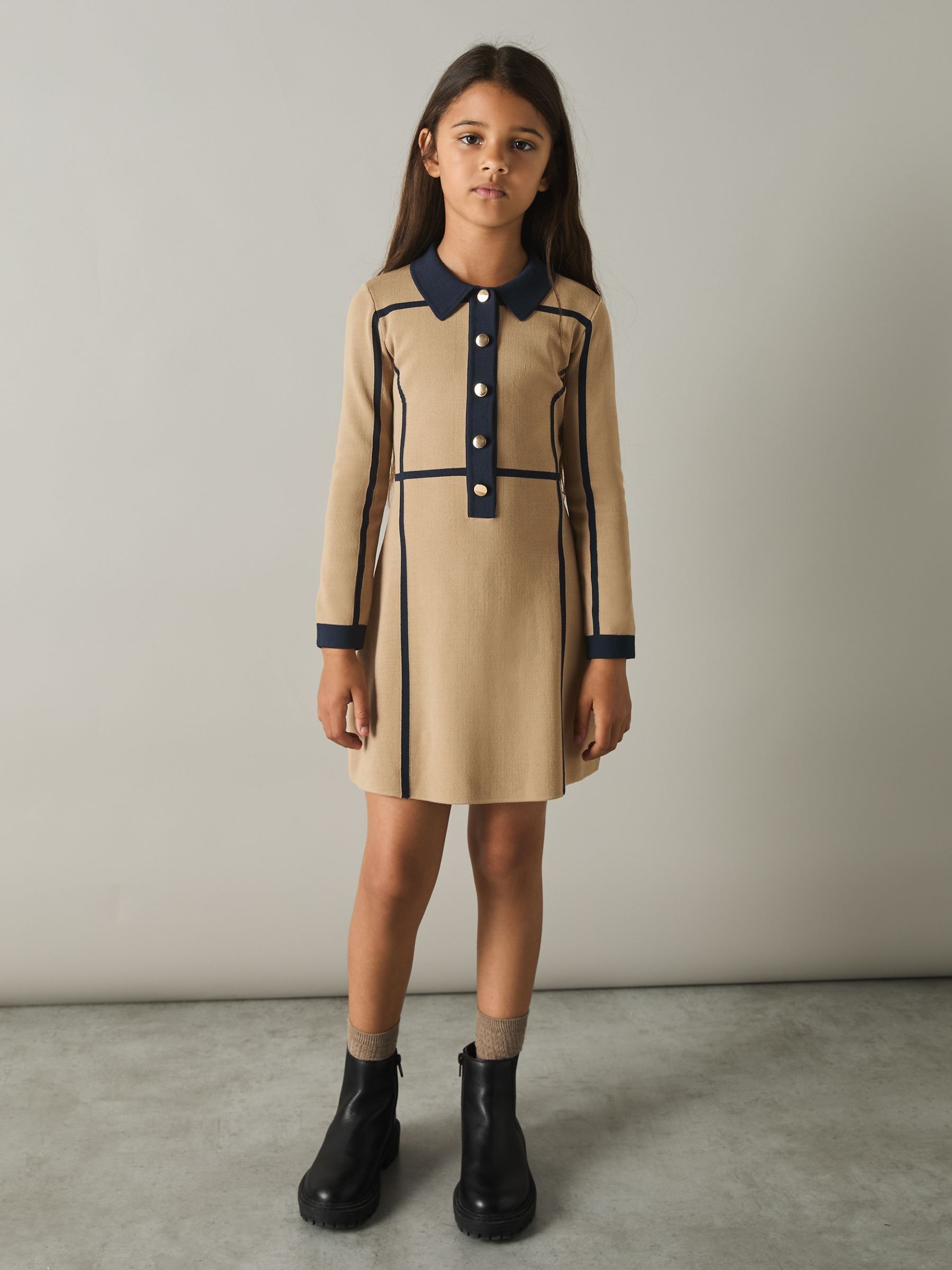 13-14 yrs Panel-Intarsia Jersey Dress in Camel - Image 3 of 4