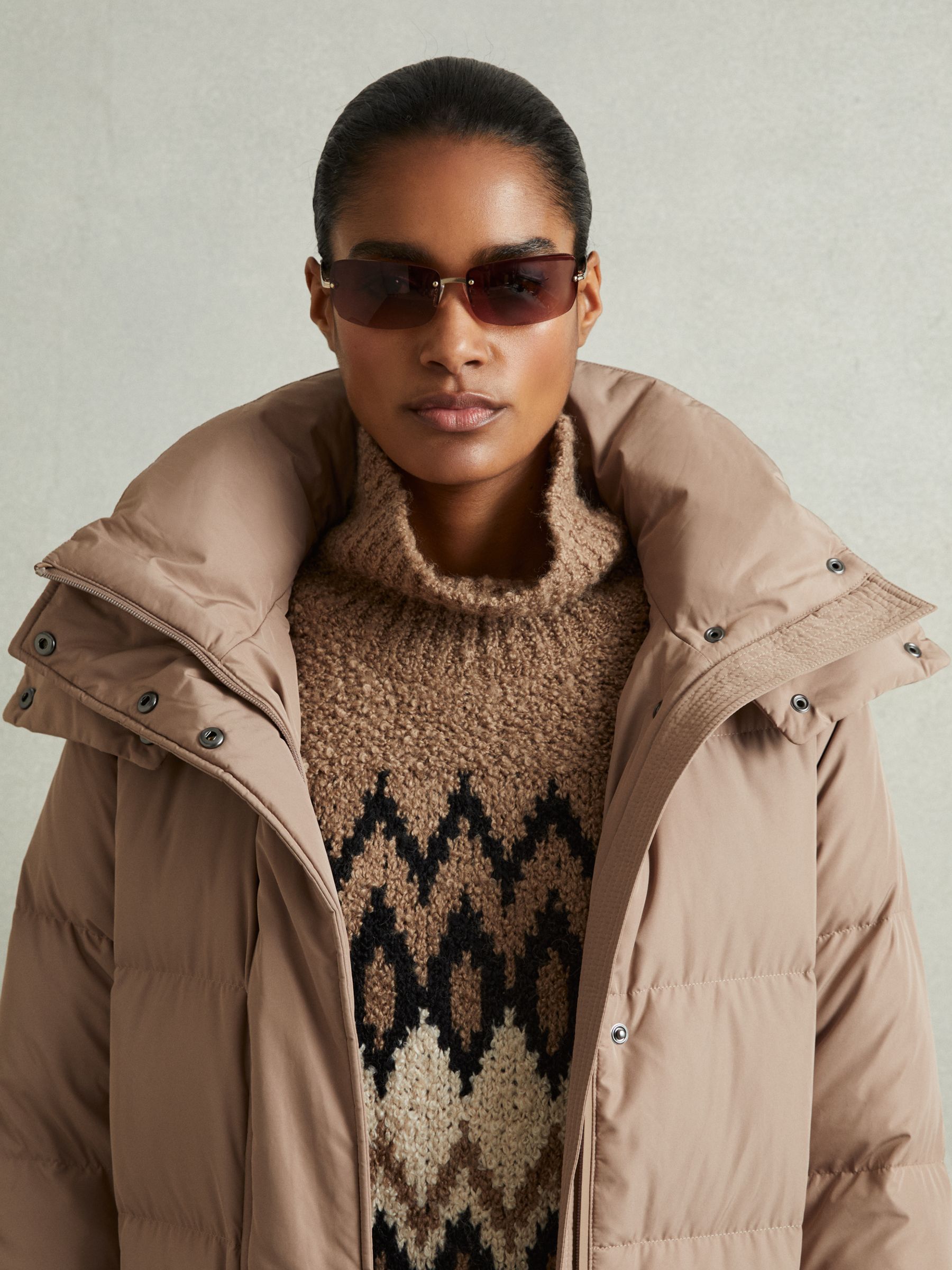 Petite Longline Hooded Puffer Coat in Mink Neutral