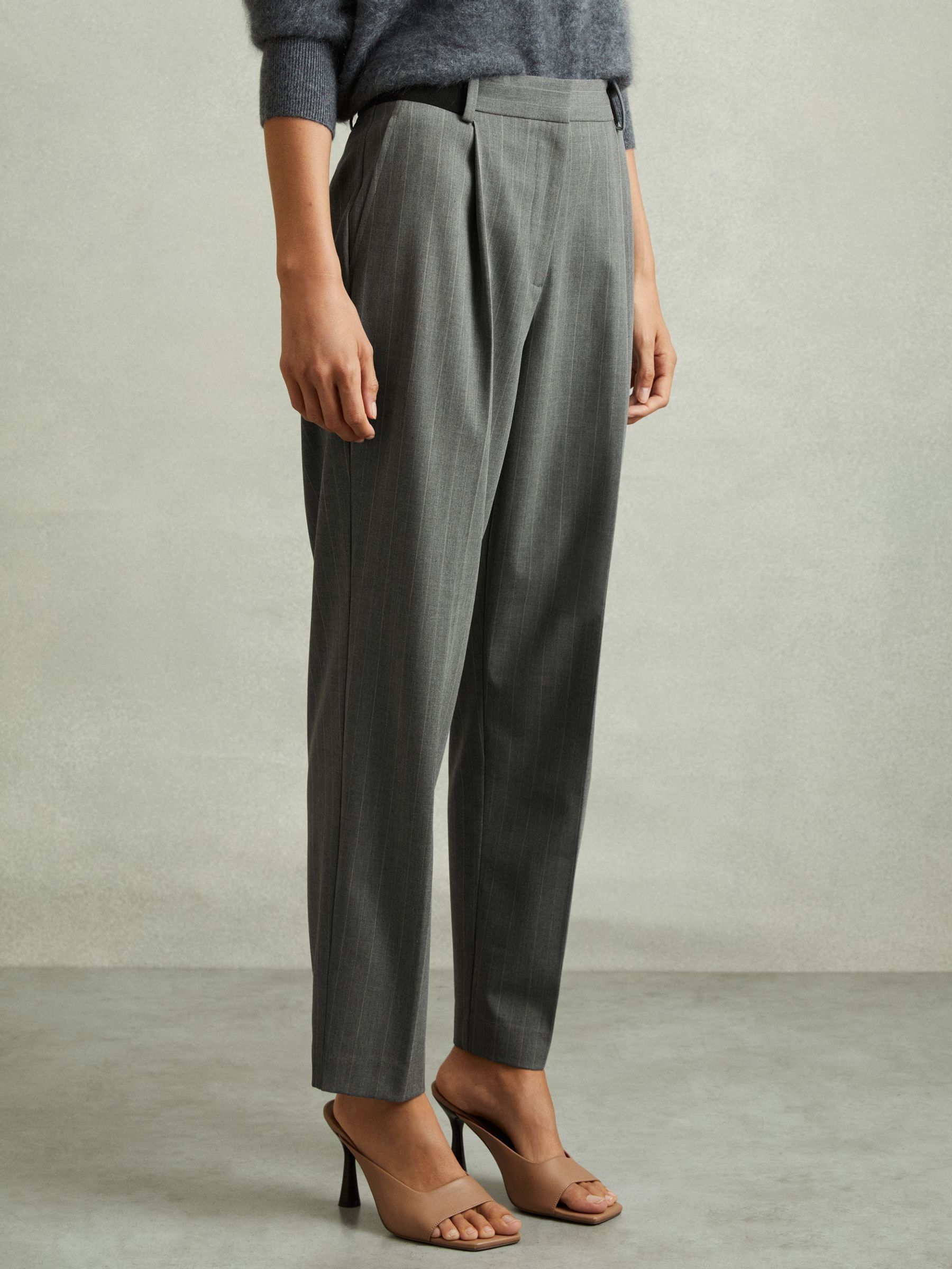 Pinstripe Waistband Detail Tapered Trousers in Grey - image 3