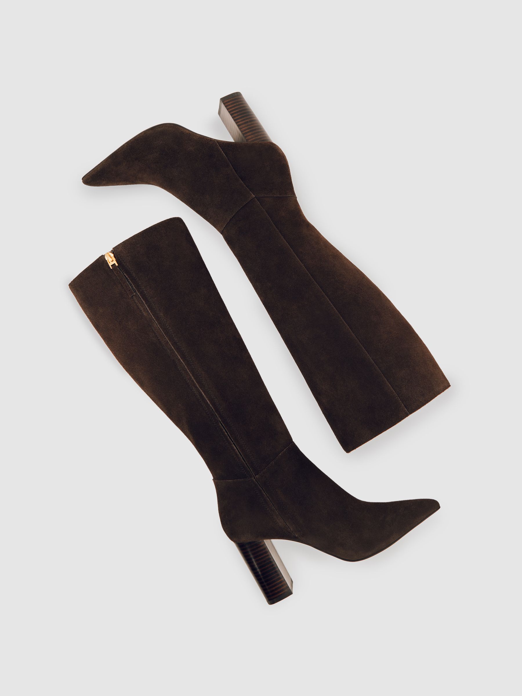 Leather Block-Heel Knee-High Boots in Chocolate - image 4