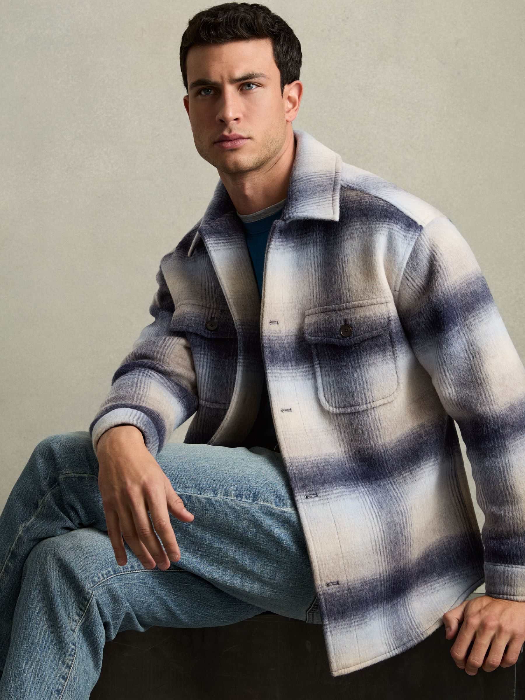 Brushed Wool-Blend Check Overshirt in Blue Multi - Image 1 of 6