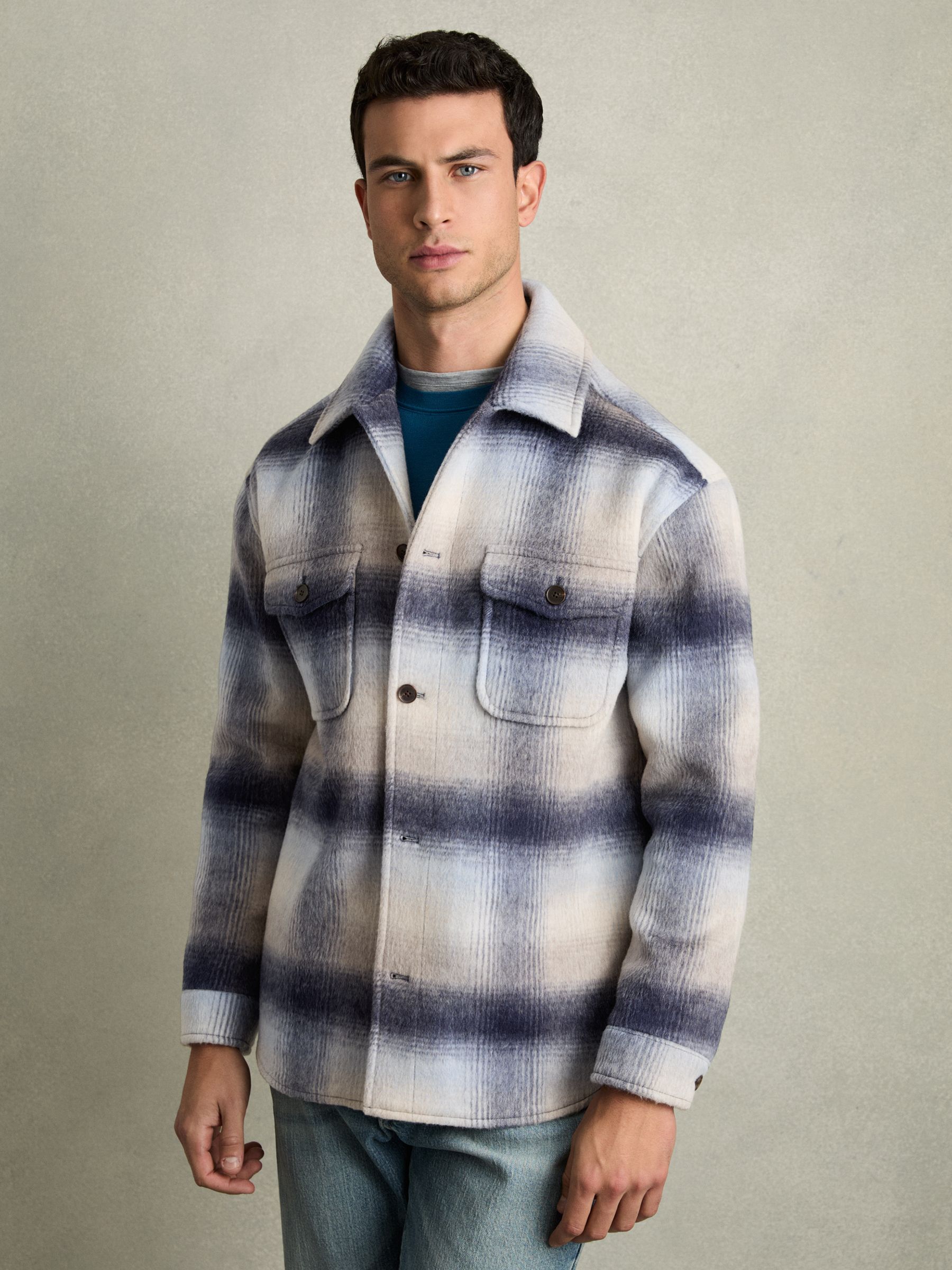 Brushed Wool-Blend Check Overshirt in Blue Multi - Image 4 of 6