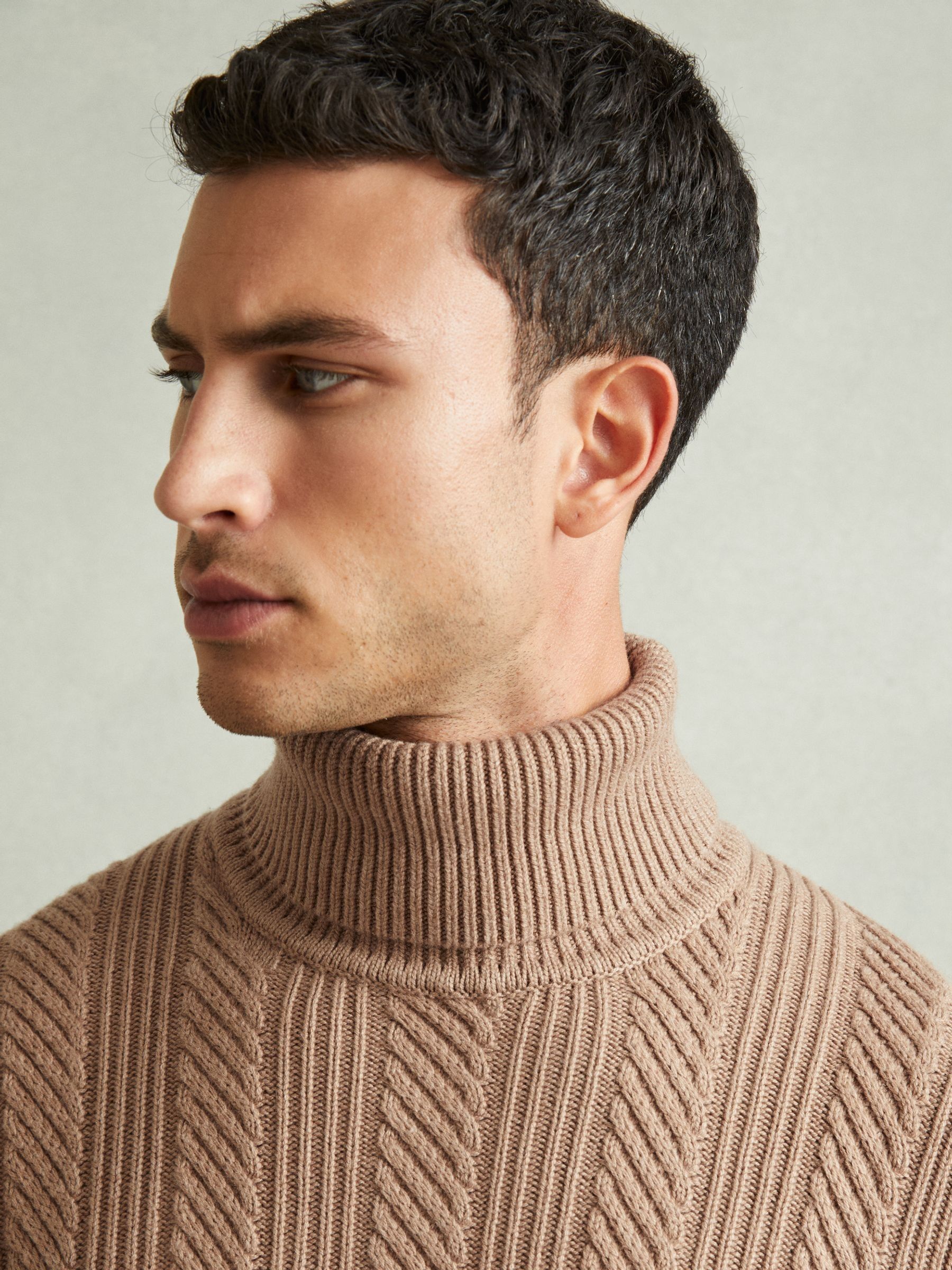 Cabled Roll-Neck Jumper with Cotton and Wool in Camel - Image 3 of 5