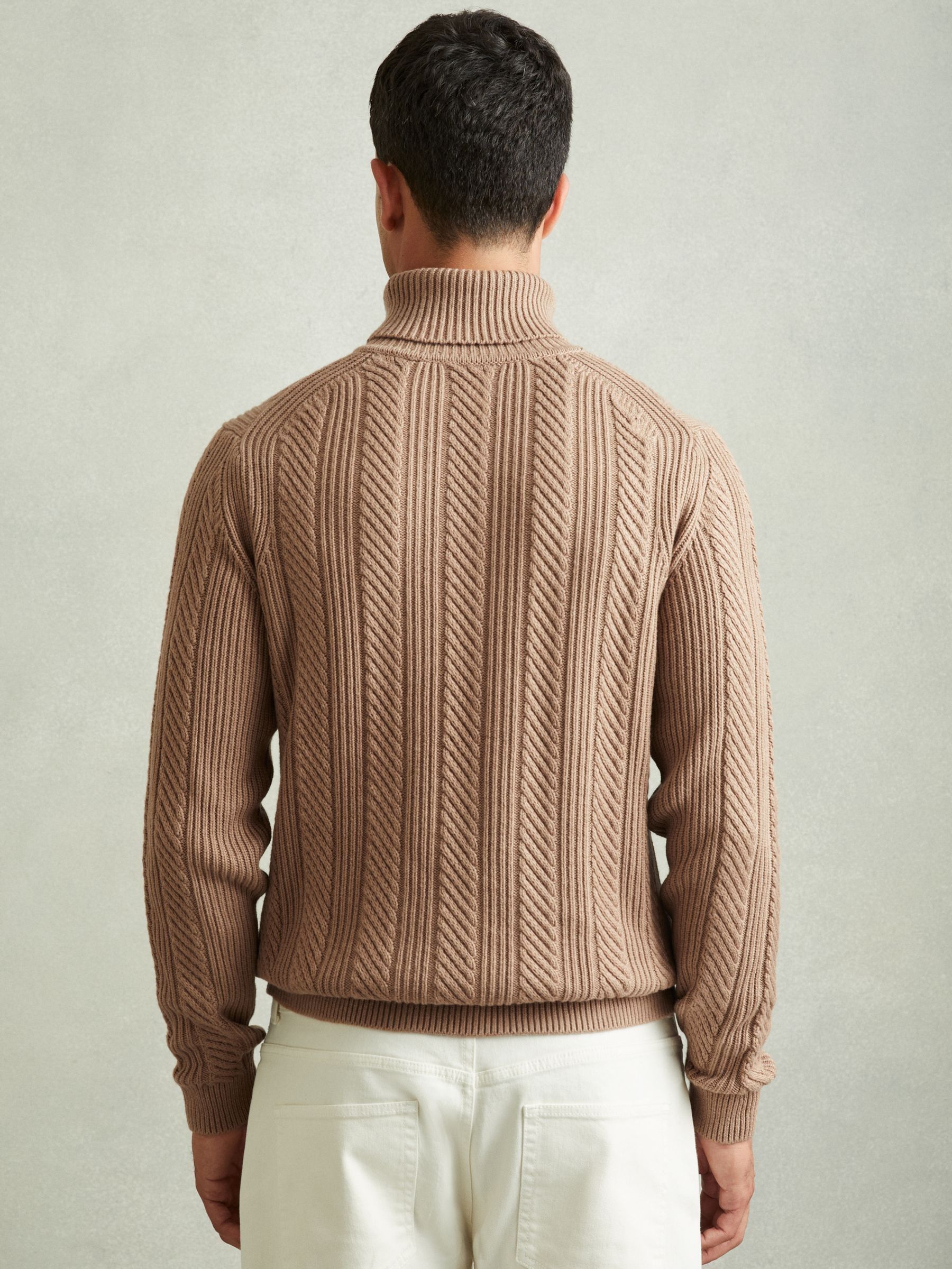 Cabled Roll-Neck Jumper with Cotton and Wool in Camel - Image 4 of 5