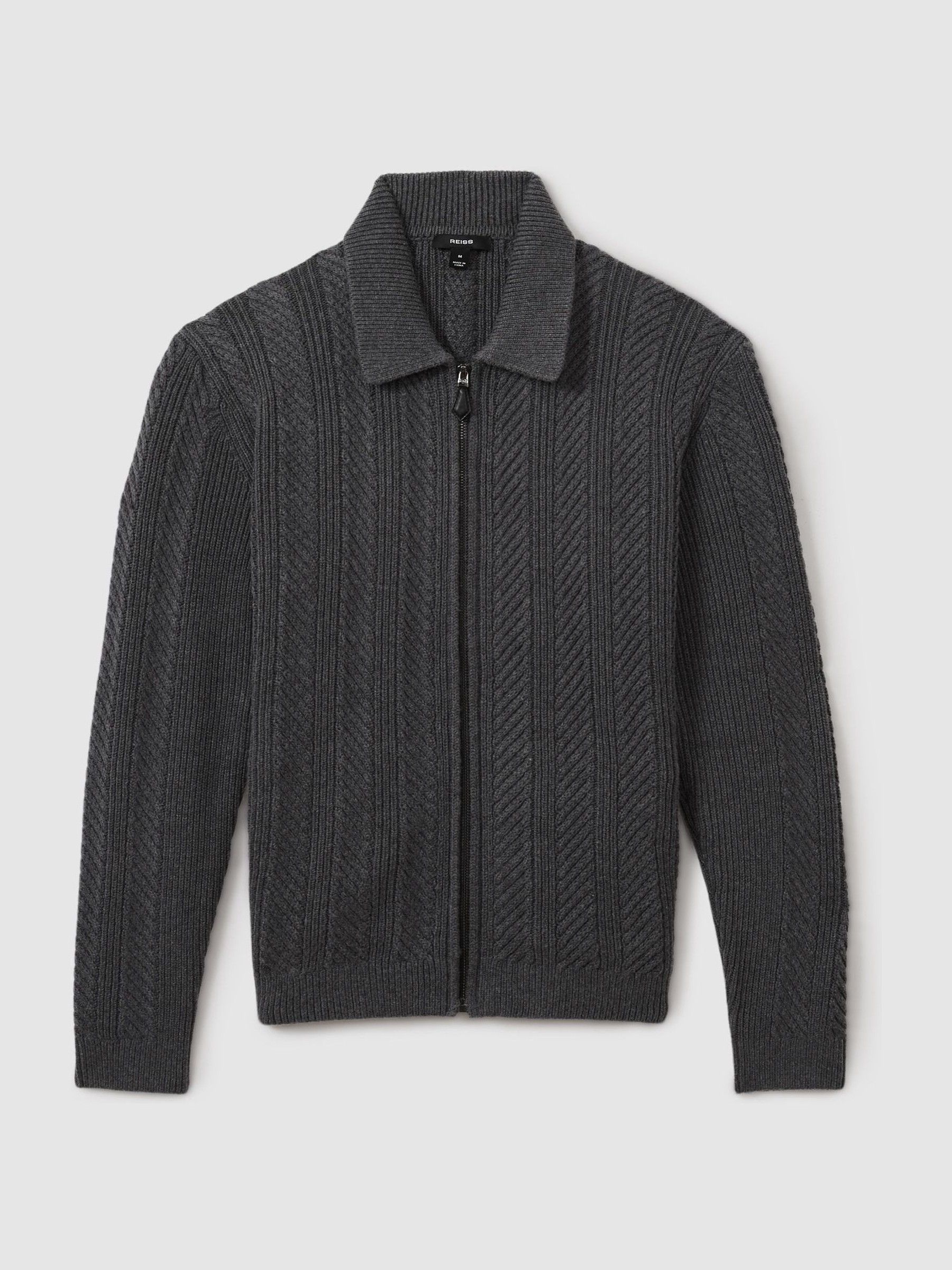 Zip Through Cabled Jumper with Cotton and Wool in Mid Grey Melange - Image 2 of 6