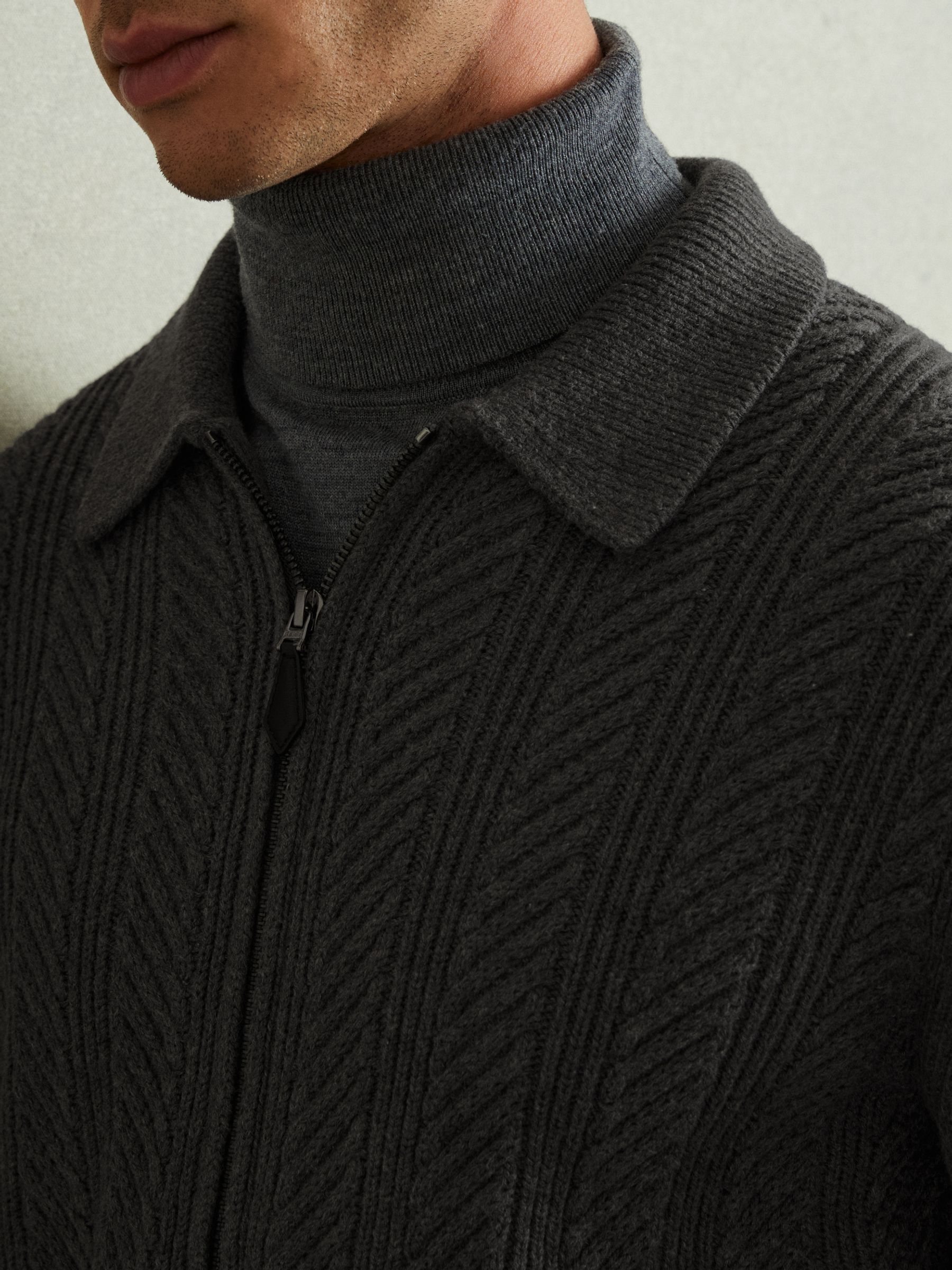 Zip Through Cabled Jumper with Cotton and Wool in Mid Grey Melange - Image 3 of 6