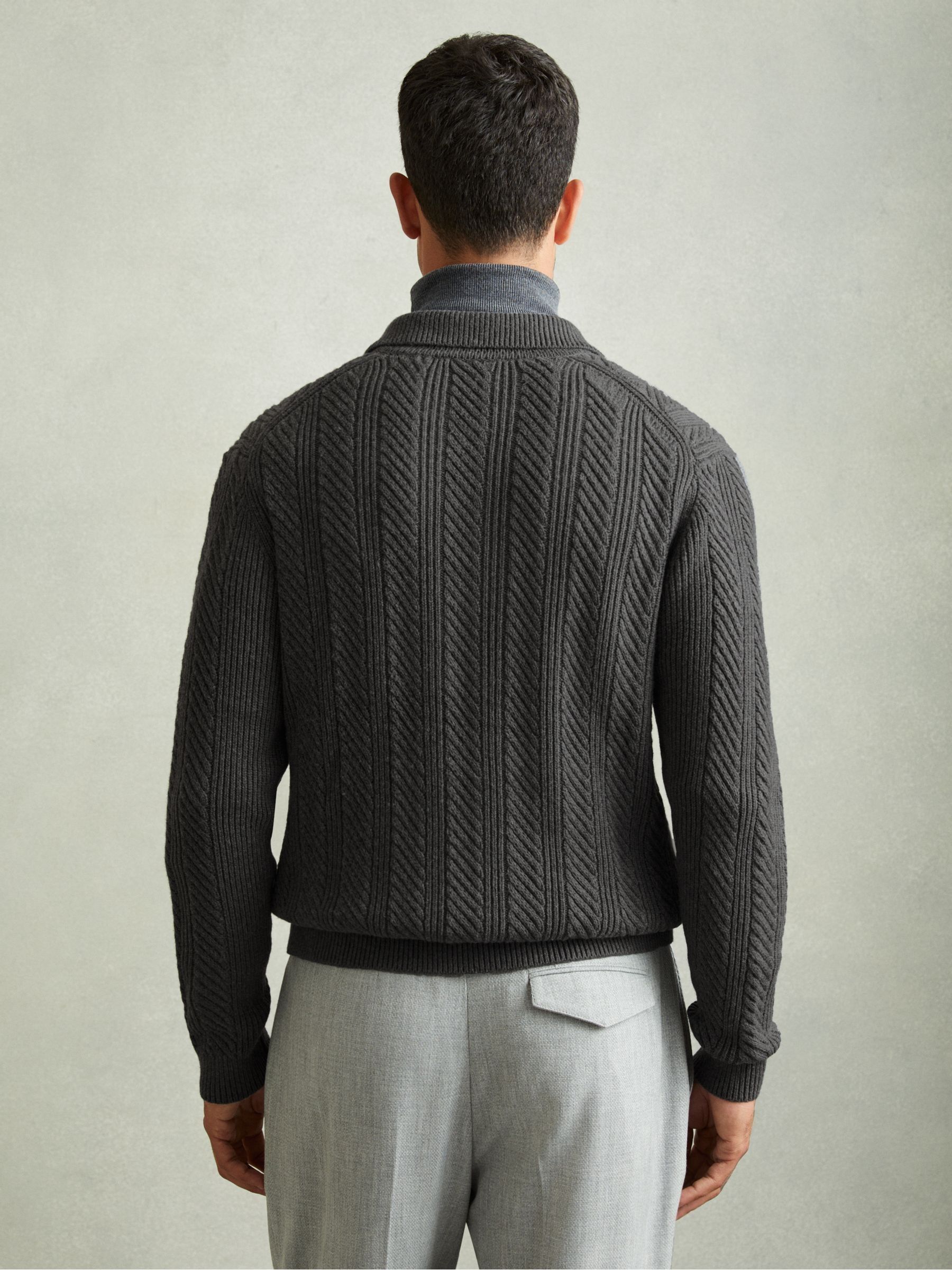 Zip Through Cabled Jumper with Cotton and Wool in Mid Grey Melange - Image 4 of 6