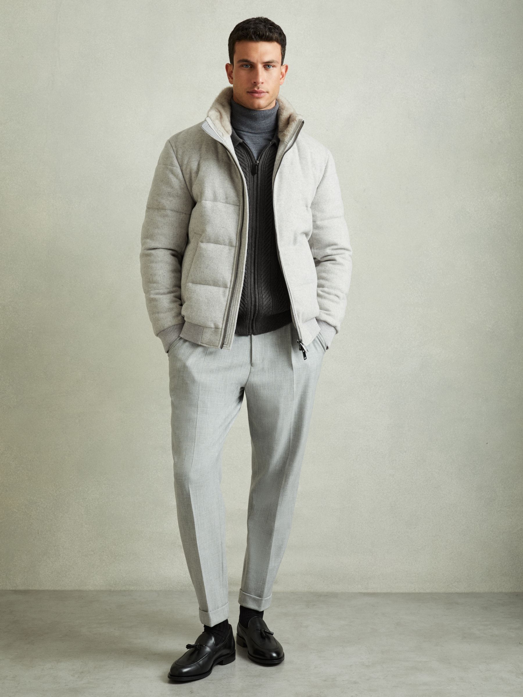 Zip Through Cabled Jumper with Cotton and Wool in Mid Grey Melange - Image 5 of 6