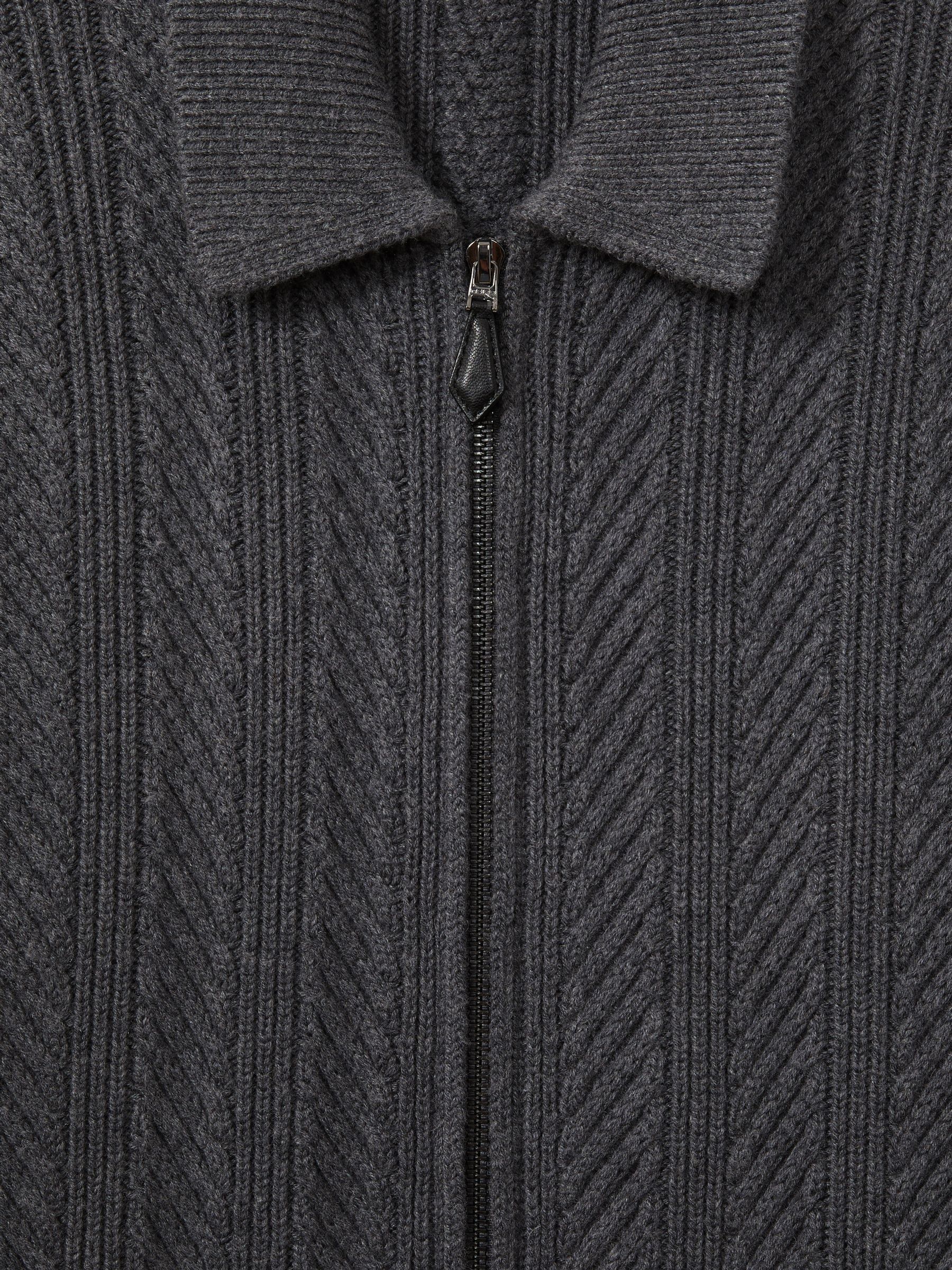 Zip Through Cabled Jumper with Cotton and Wool in Mid Grey Melange - Image 6 of 6