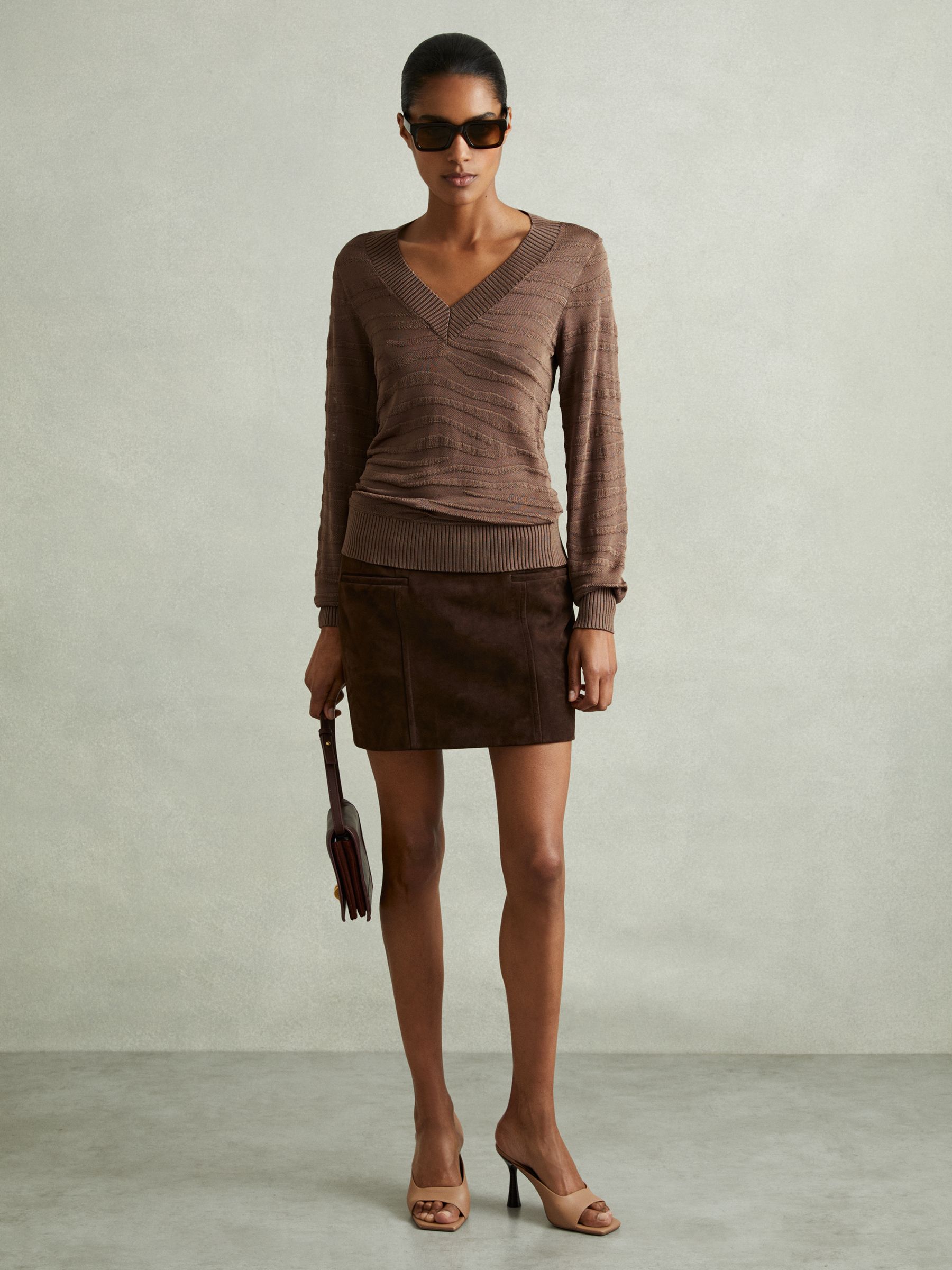 Striped V-Neck Jumper in Mink - Image 5 of 6