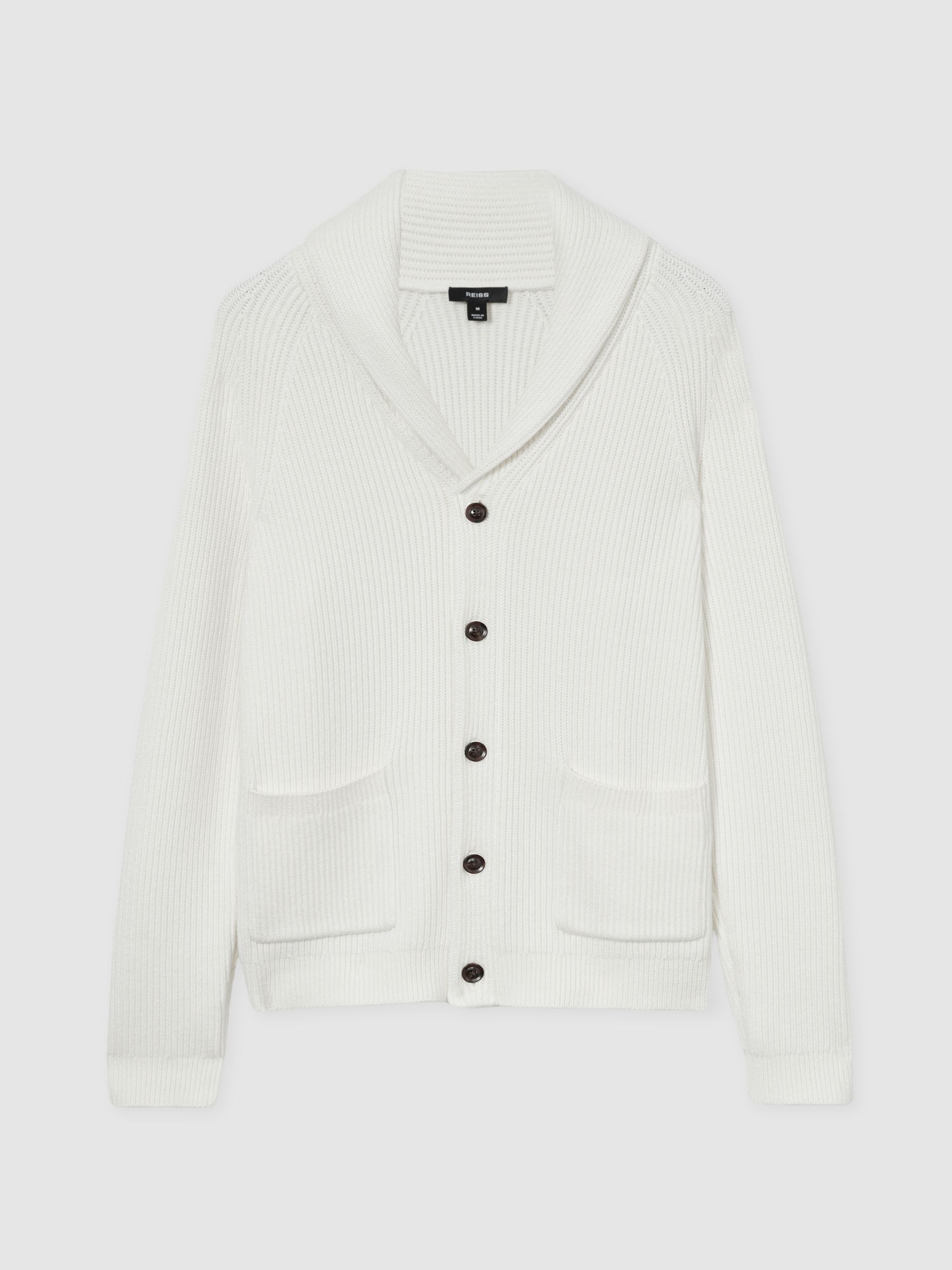 Ribbed Shawl-Collar Cardigan with Cotton and Wool in White - Image 2 of 6