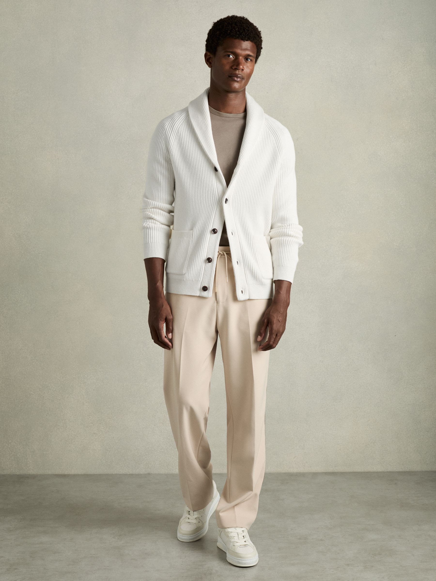 Ribbed Shawl-Collar Cardigan with Cotton and Wool in White - Image 3 of 6