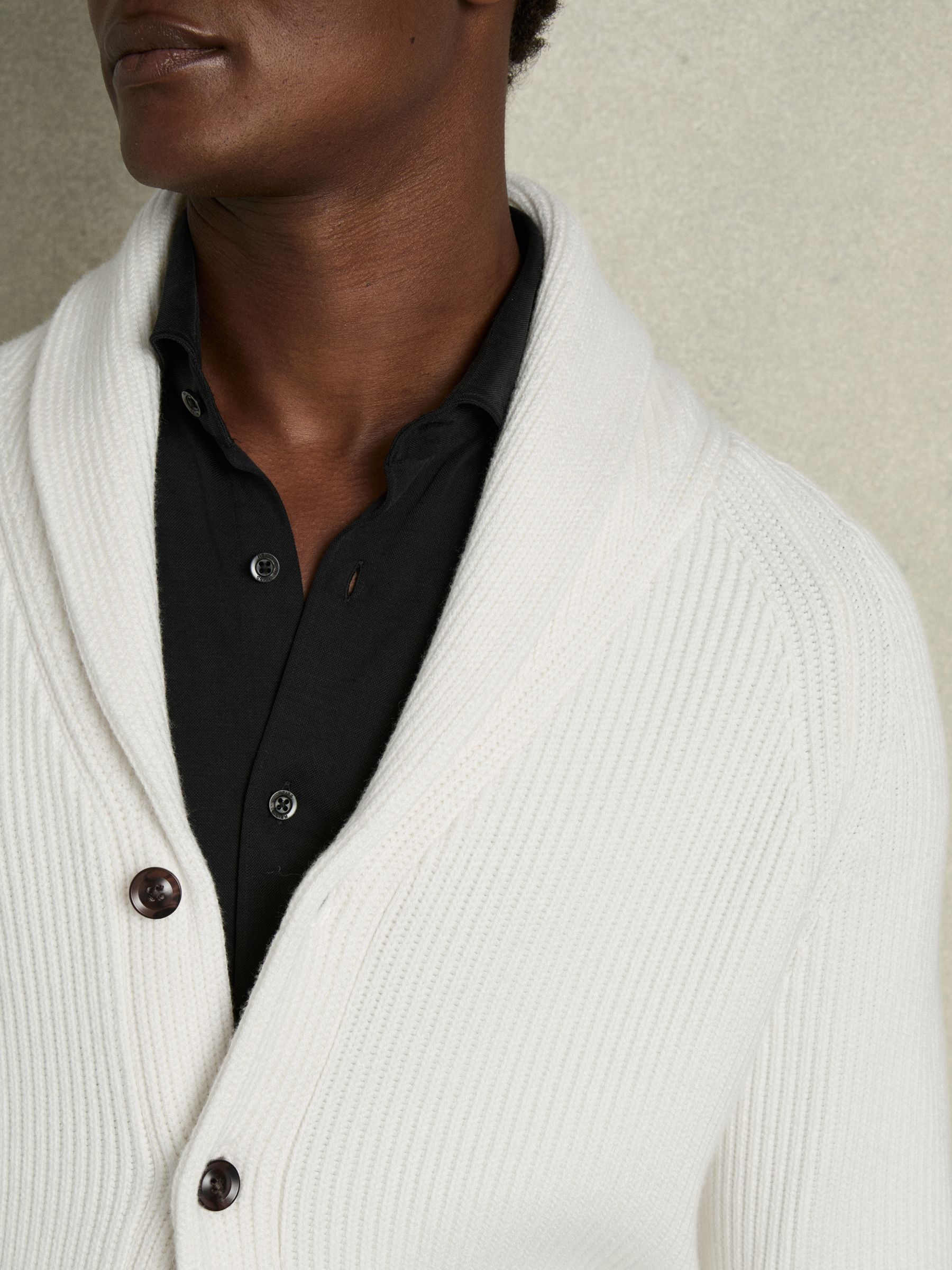 Ribbed Shawl-Collar Cardigan with Cotton and Wool in White - Image 4 of 6
