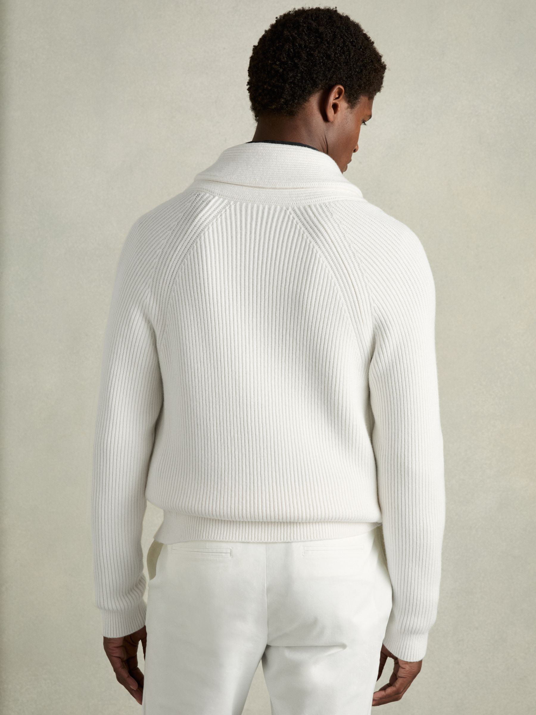 Ribbed Shawl-Collar Cardigan with Cotton and Wool in White - Image 5 of 6