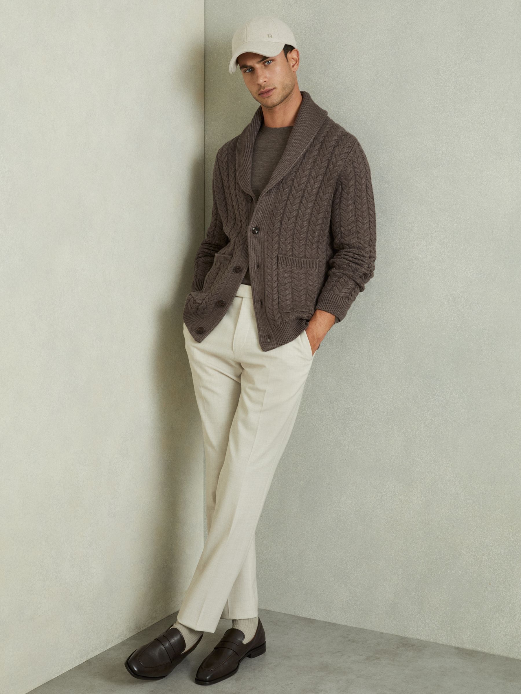 Cabled Shawl-Collar Cardigan with Cotton and Wool in Taupe Melange - Image 1 of 6