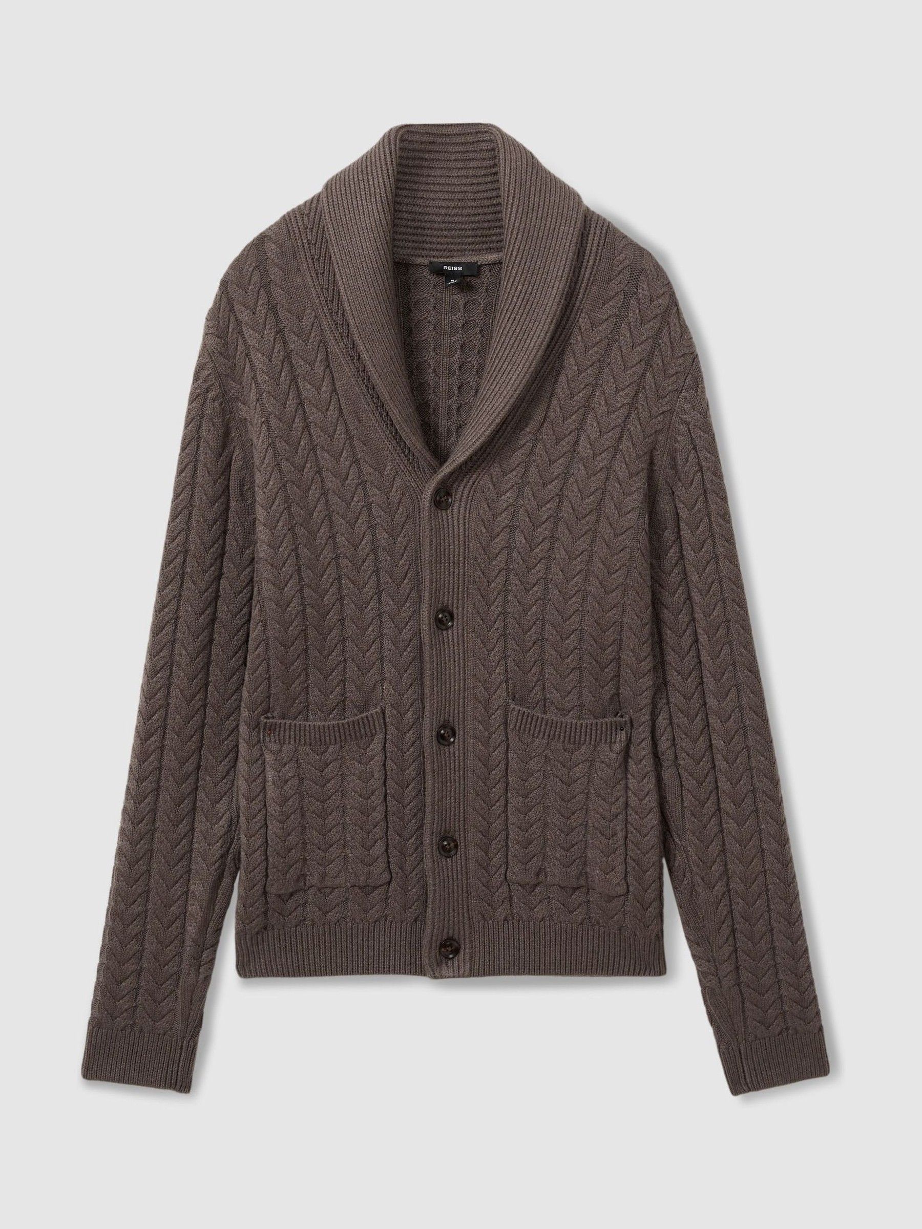 Reiss Cabled Shawl-Collar Cardigan with Cotton and Wool in Taupe