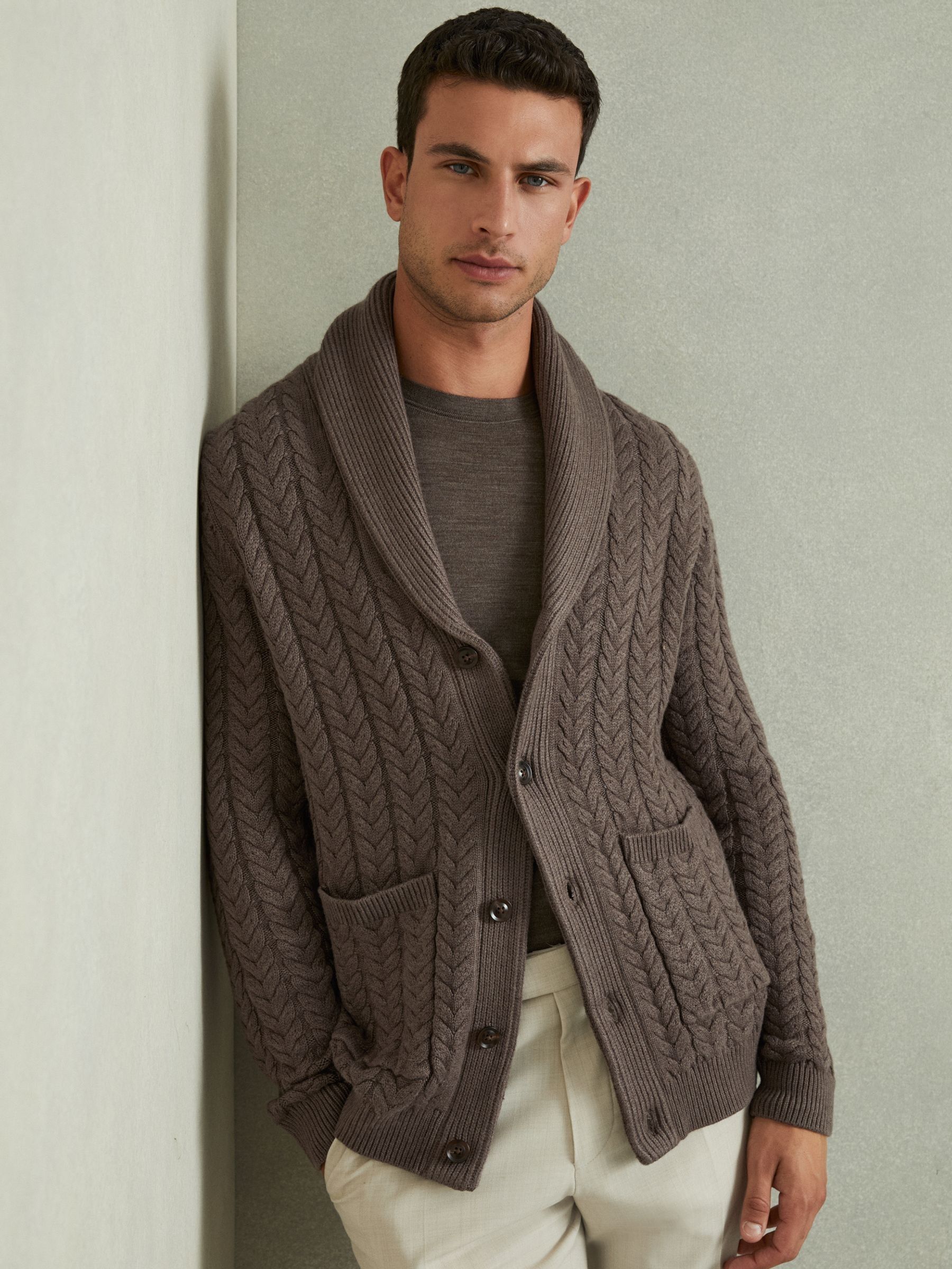 Reiss Cabled Shawl-Collar Cardigan with Cotton and Wool in Taupe