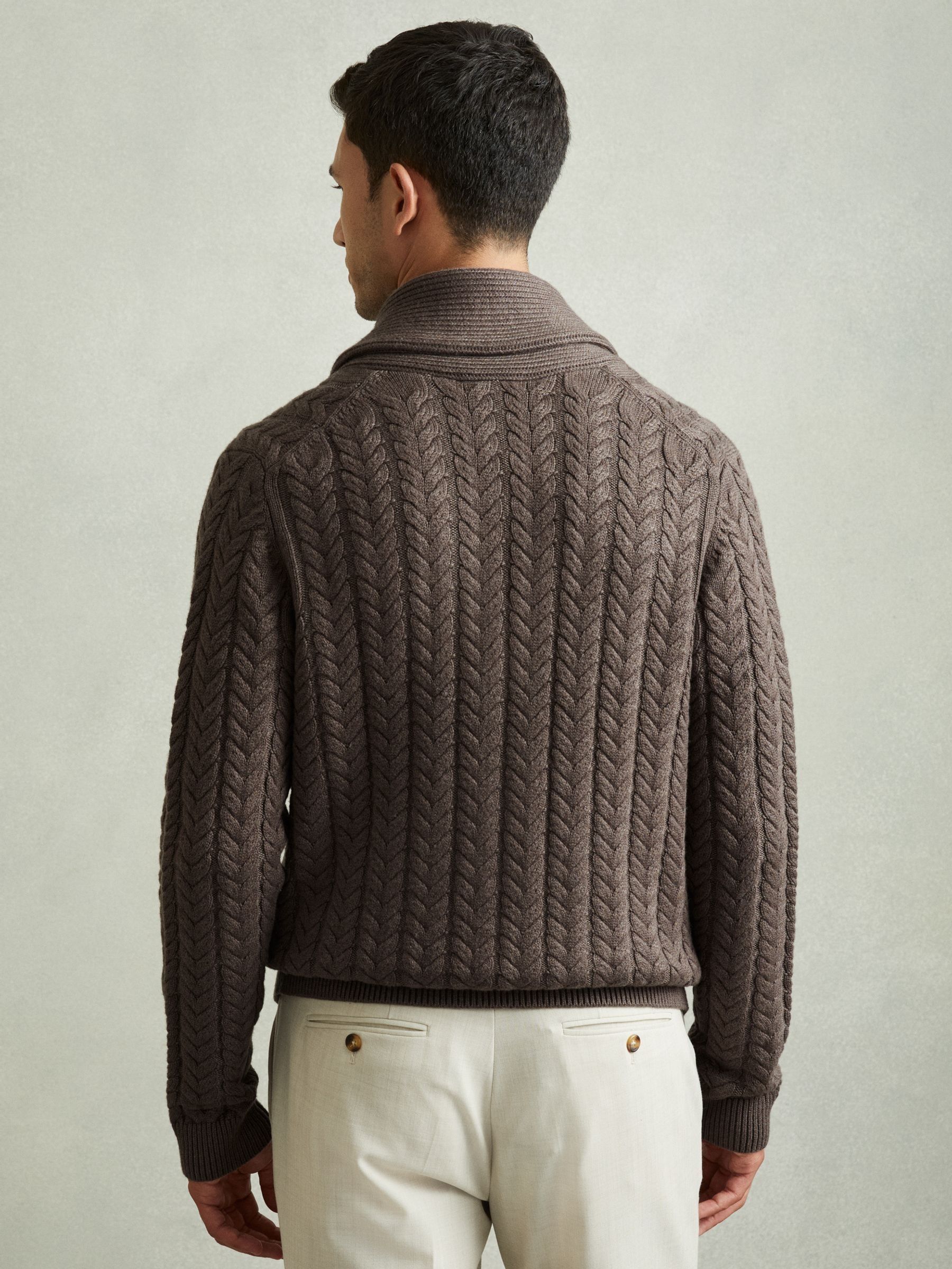 Cabled Shawl-Collar Cardigan with Cotton and Wool in Taupe Melange - Image 4 of 6