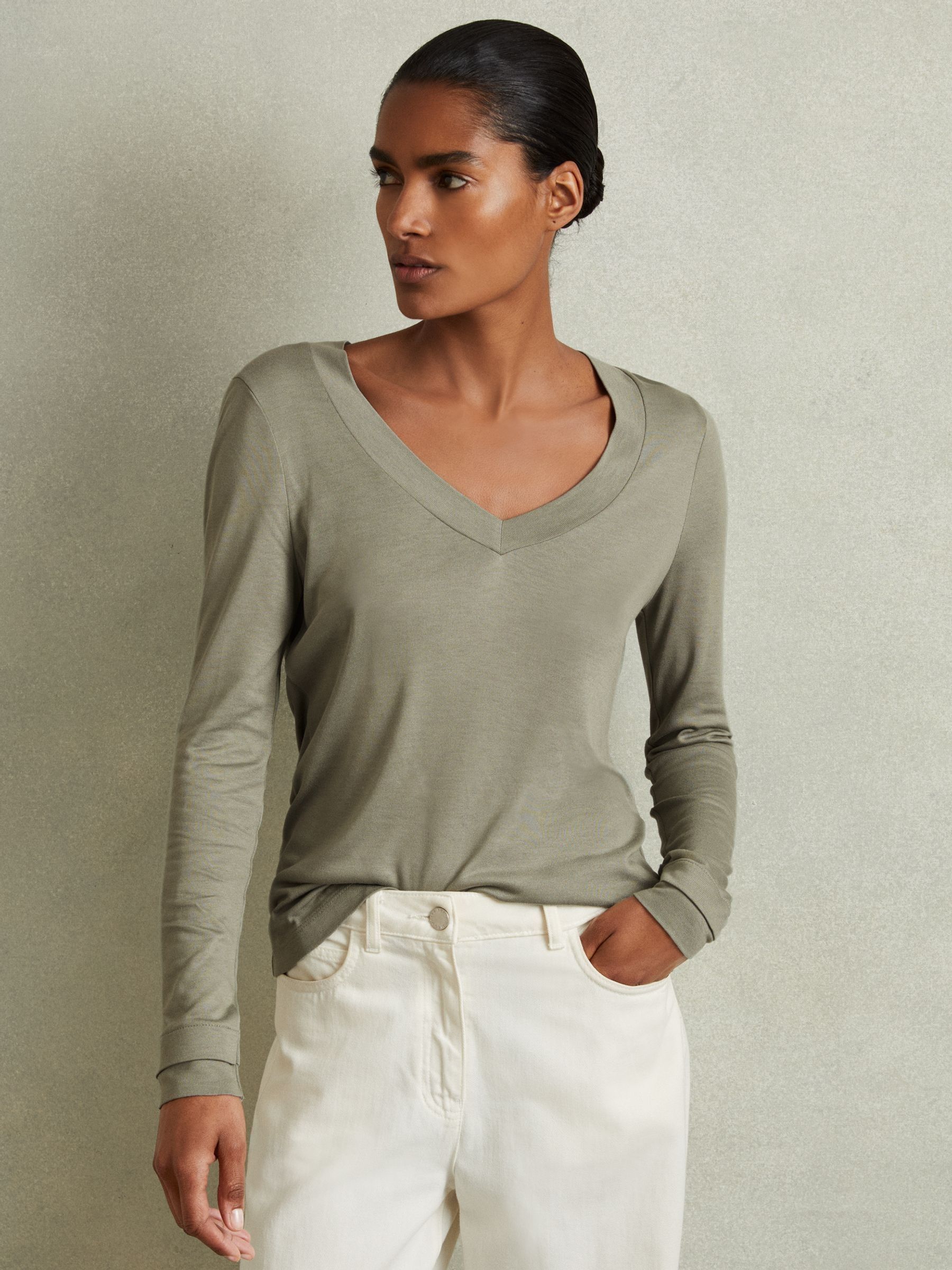 Jersey V-Neck Top in Sage - Image 1 of 6