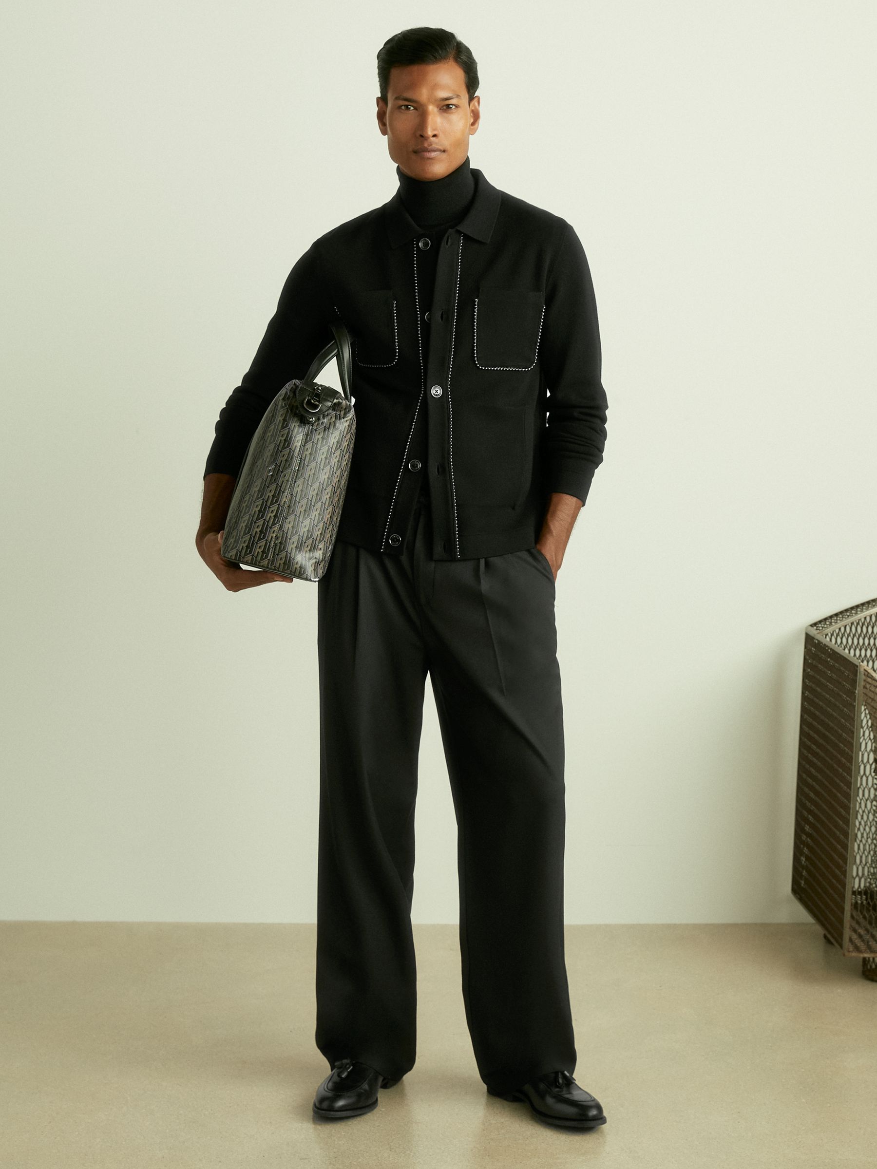 Hardware-Embellished Cardigan in Black - Image 1 of 6