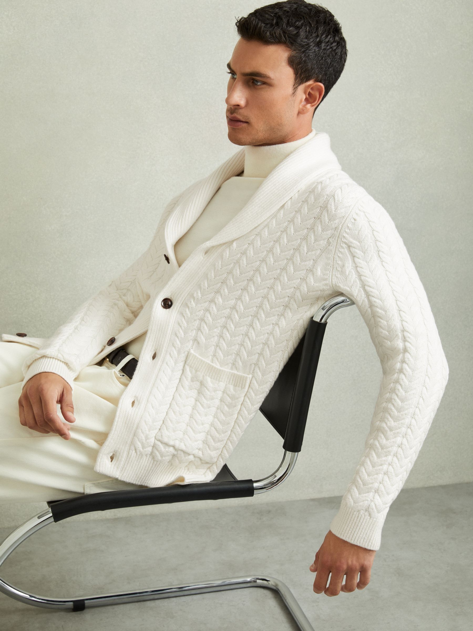 Cabled Shawl-Collar Cardigan with Cotton and Wool in White - Image 1 of 6