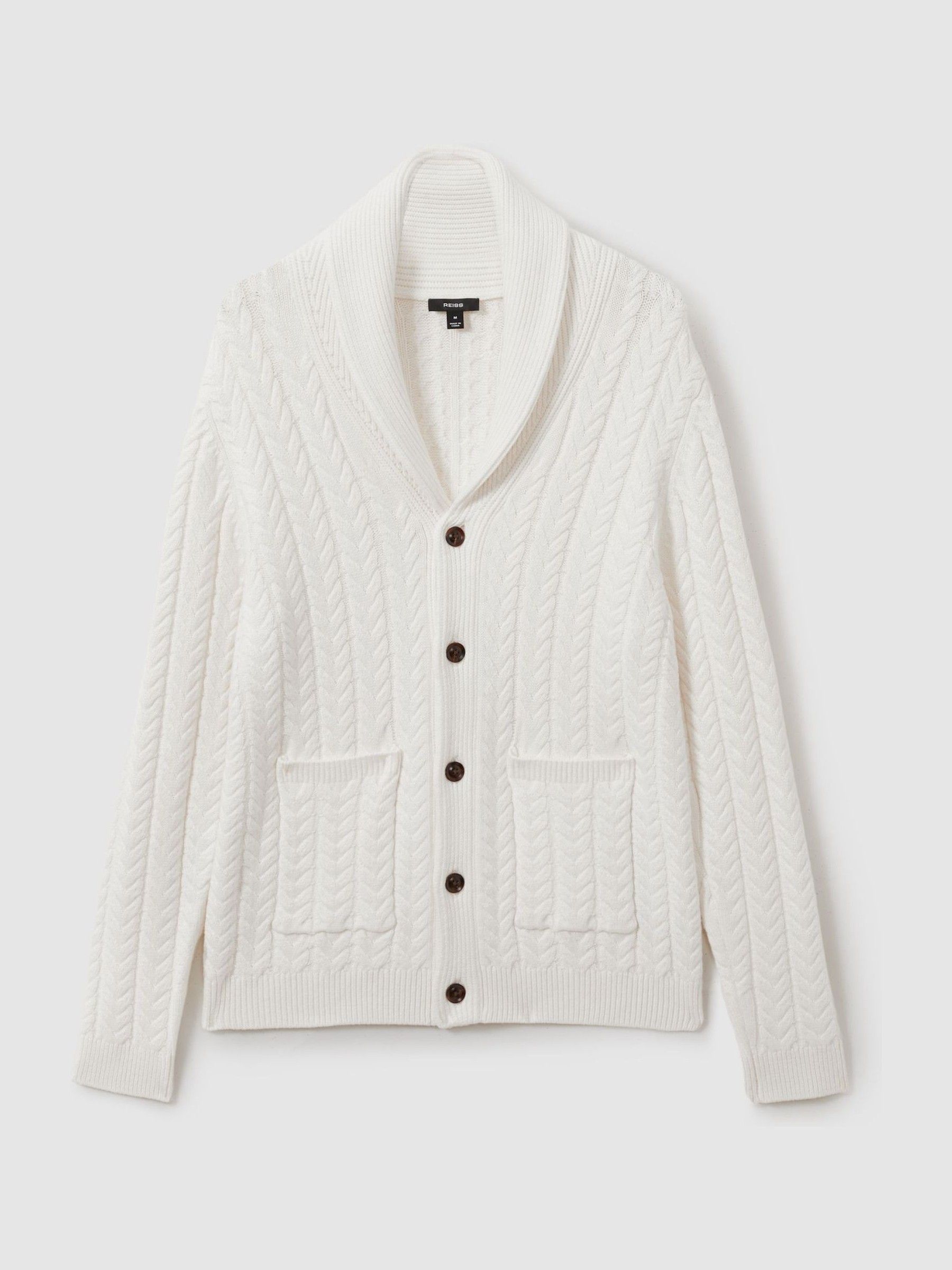 Cabled Shawl-Collar Cardigan with Cotton and Wool in White - Image 2 of 6