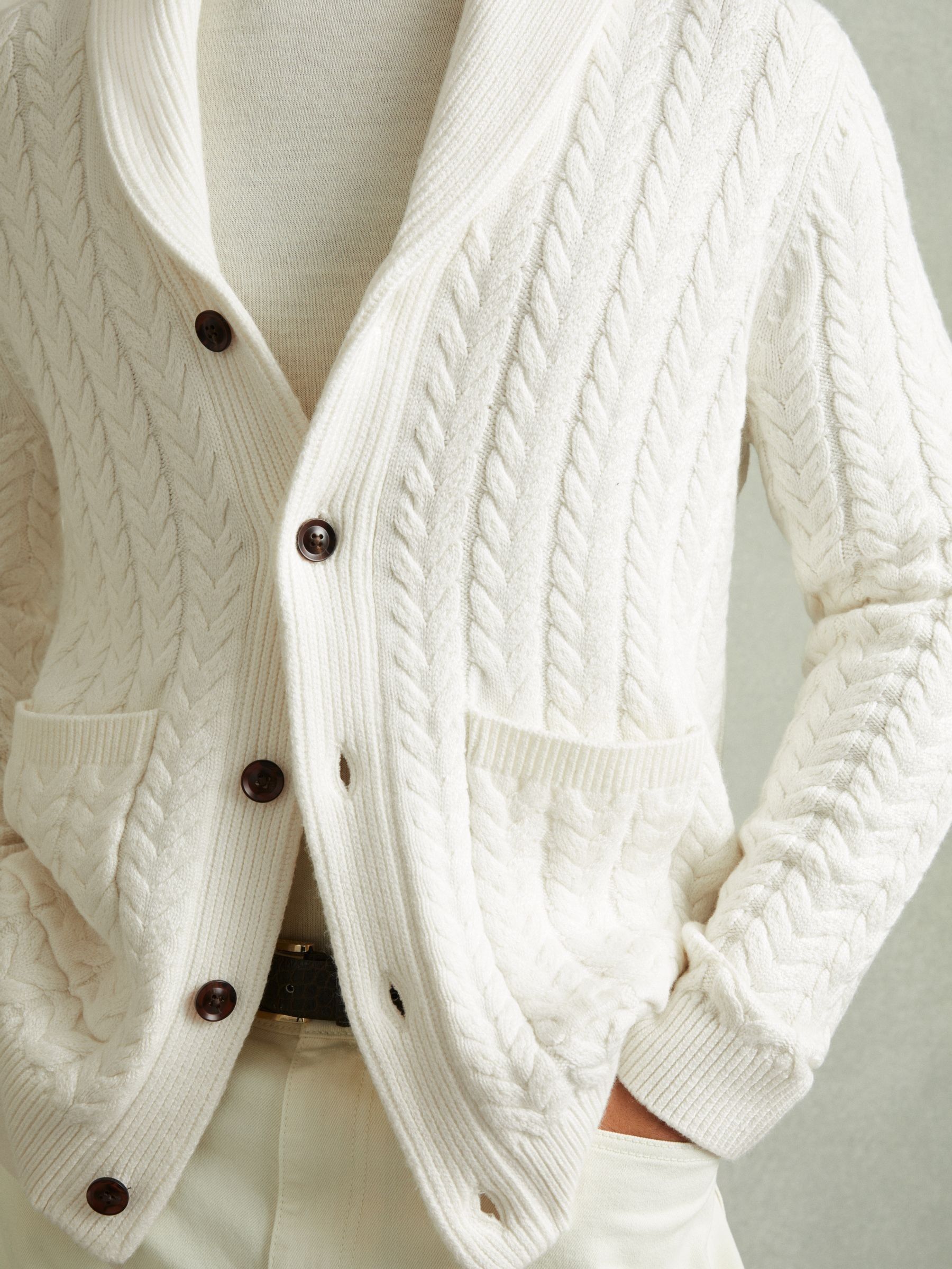 Cabled Shawl-Collar Cardigan with Cotton and Wool in White - Image 3 of 6