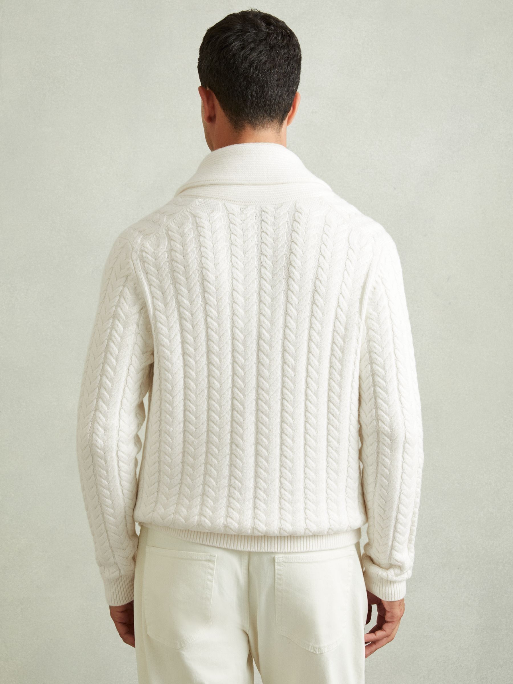 Cabled Shawl-Collar Cardigan with Cotton and Wool in White - Image 4 of 6